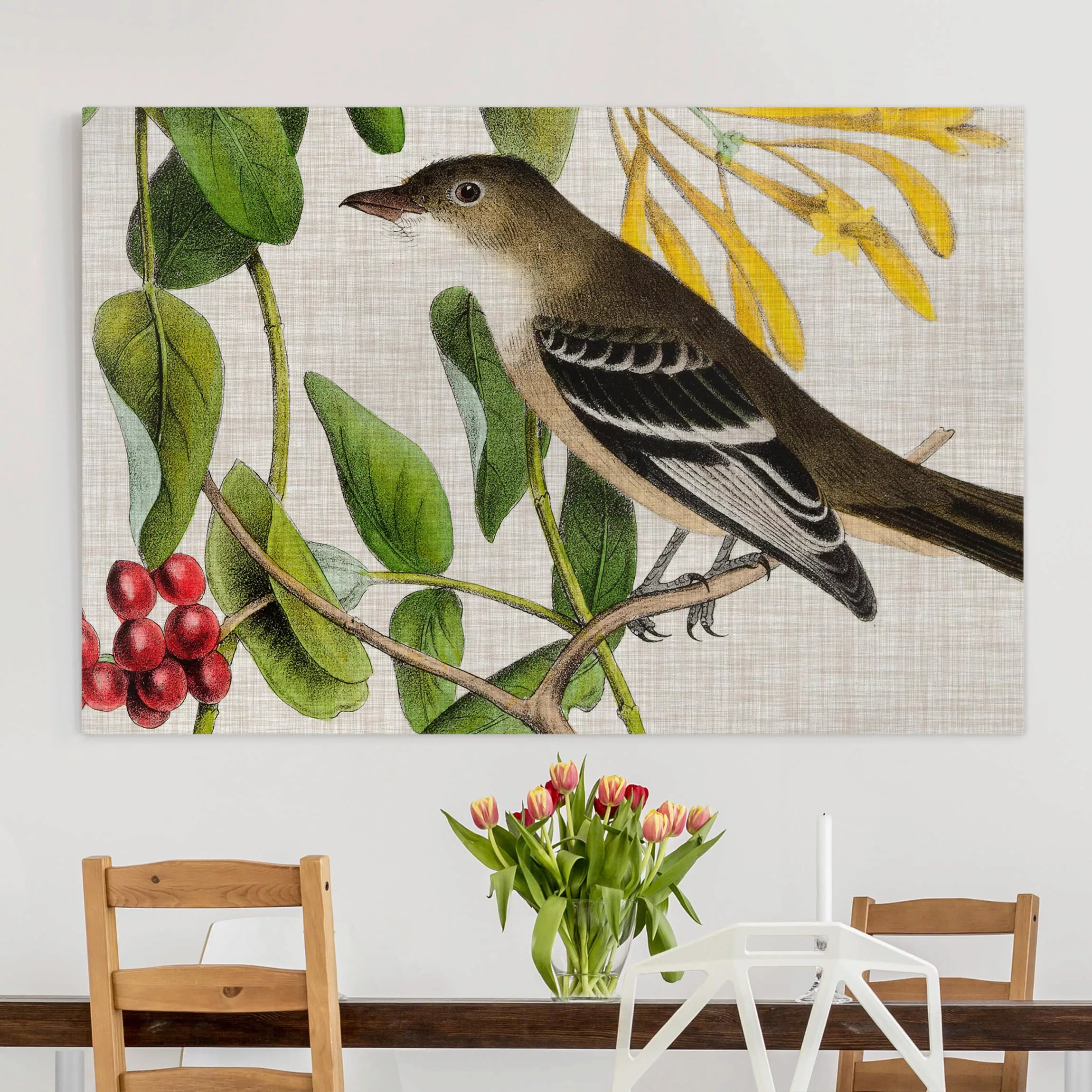 Leinwandbild Blumen - Querformat Vogel auf Leinen Gelb II günstig online kaufen