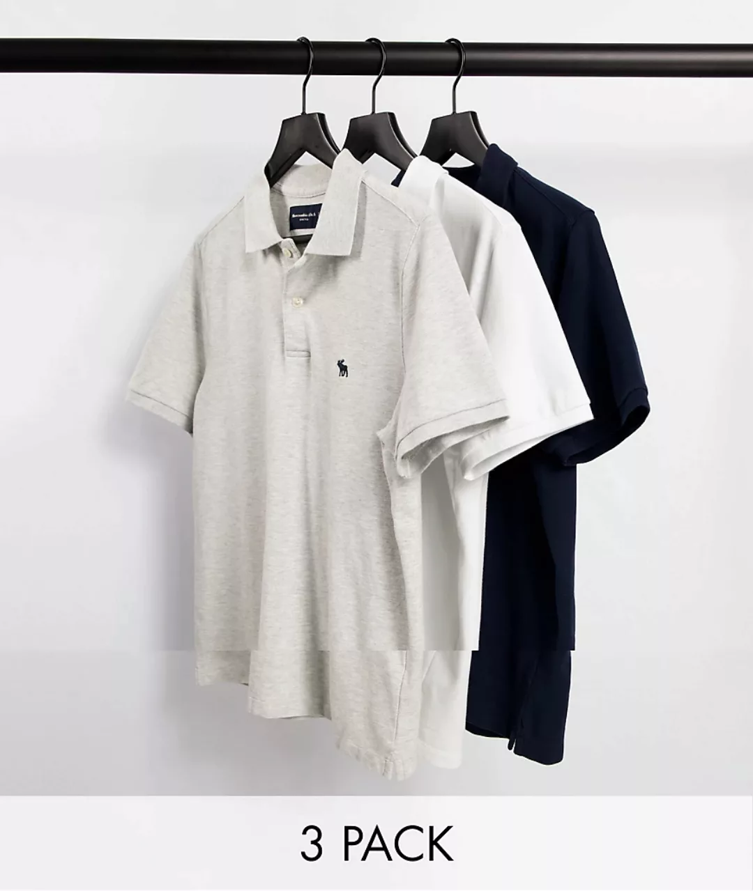 Abercrombie & Fitch – 3er-Set Pikee-Polohemden mit Logo in Marineblau/Grau/ günstig online kaufen