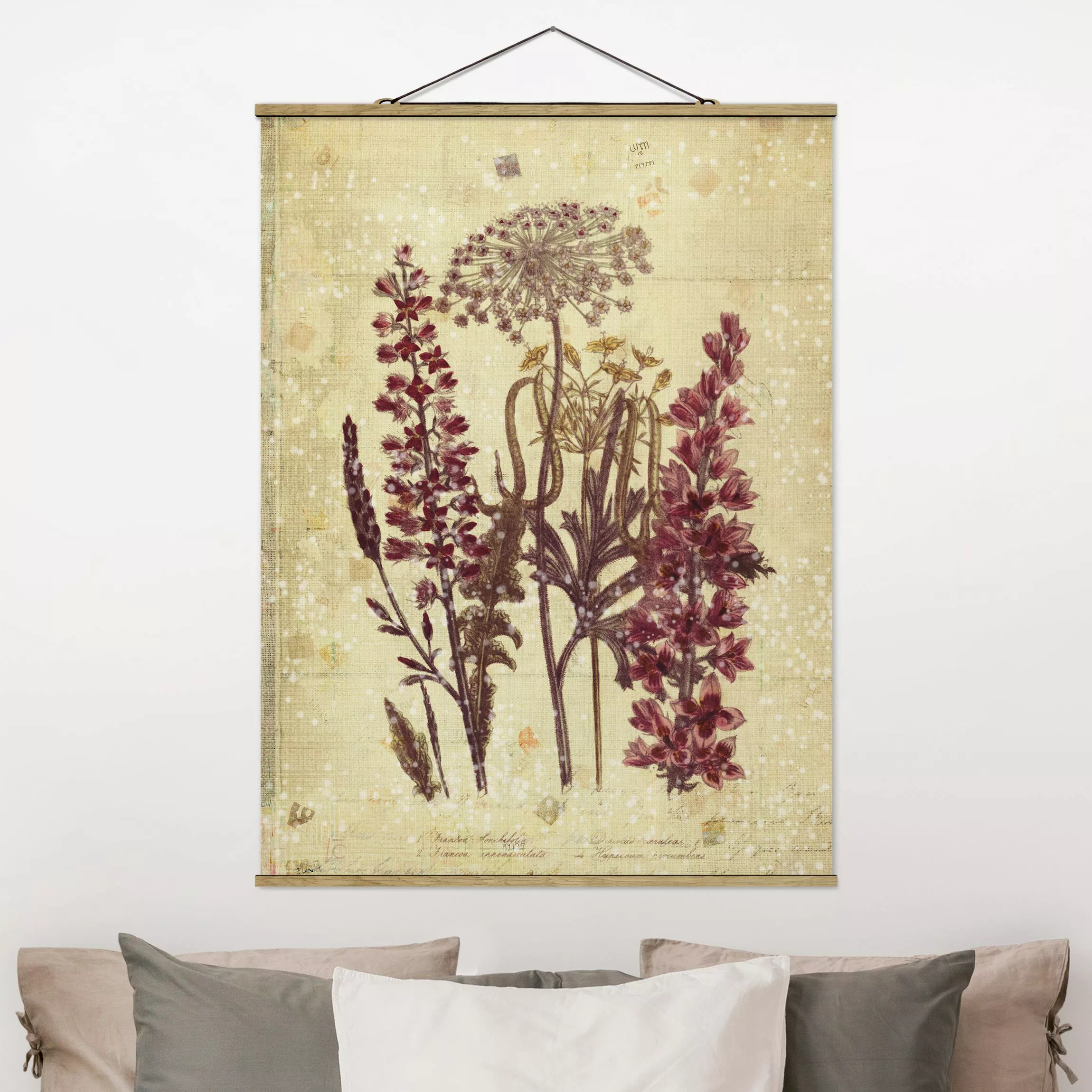 Stoffbild Blumen mit Posterleisten - Hochformat Vintage Leinenoptik Blumen günstig online kaufen