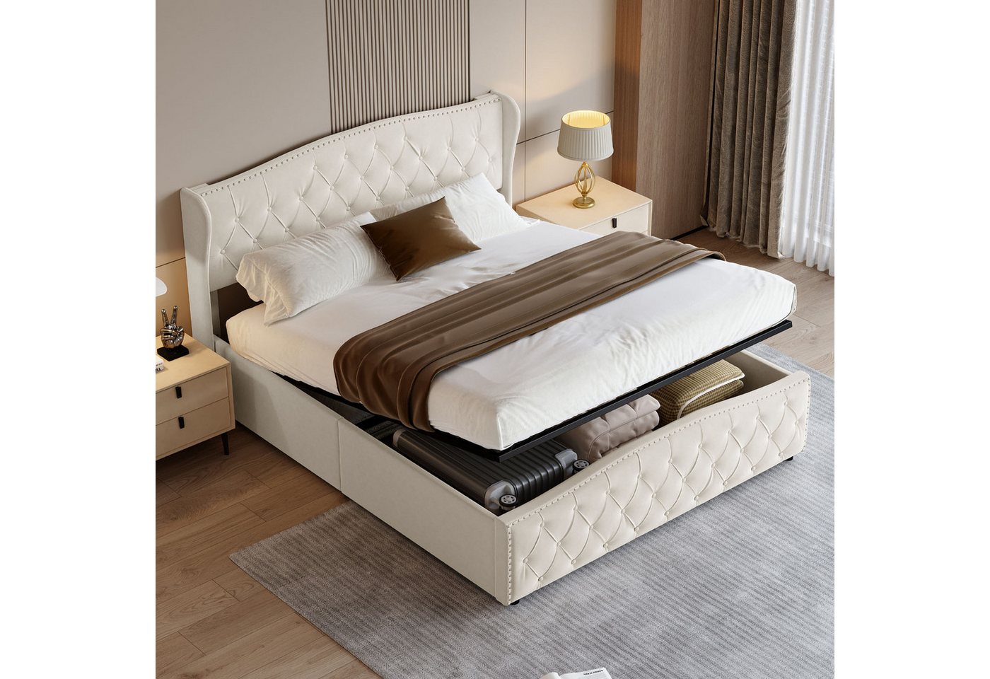 FUROKOY Polsterbett 140/160x200cm Beige Samt Wicker Wellenbett, (Jugendbett günstig online kaufen