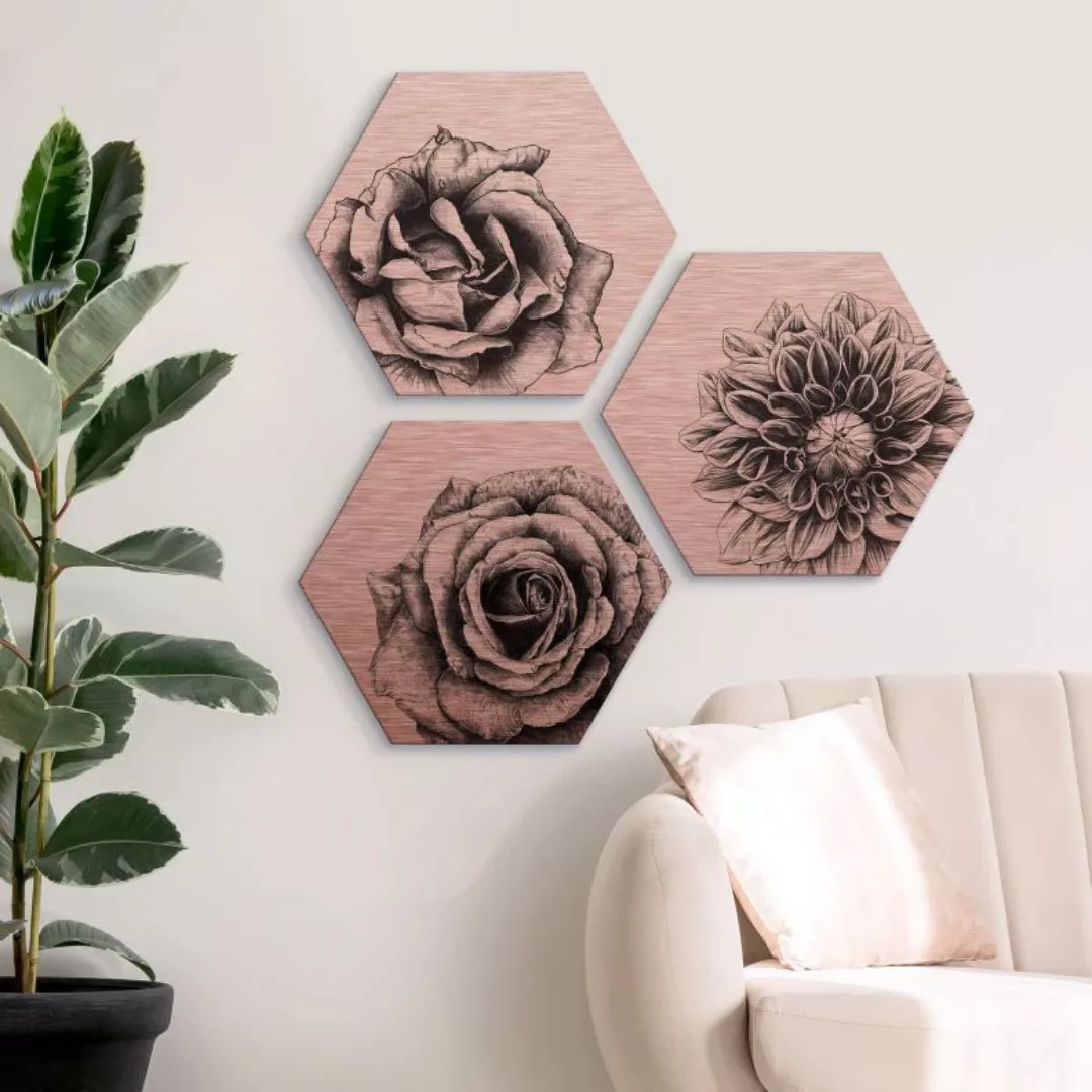Wall-Art Mehrteilige Bilder »Florales Blumen Set Kupfer«, (Set, 3 St.), Met günstig online kaufen