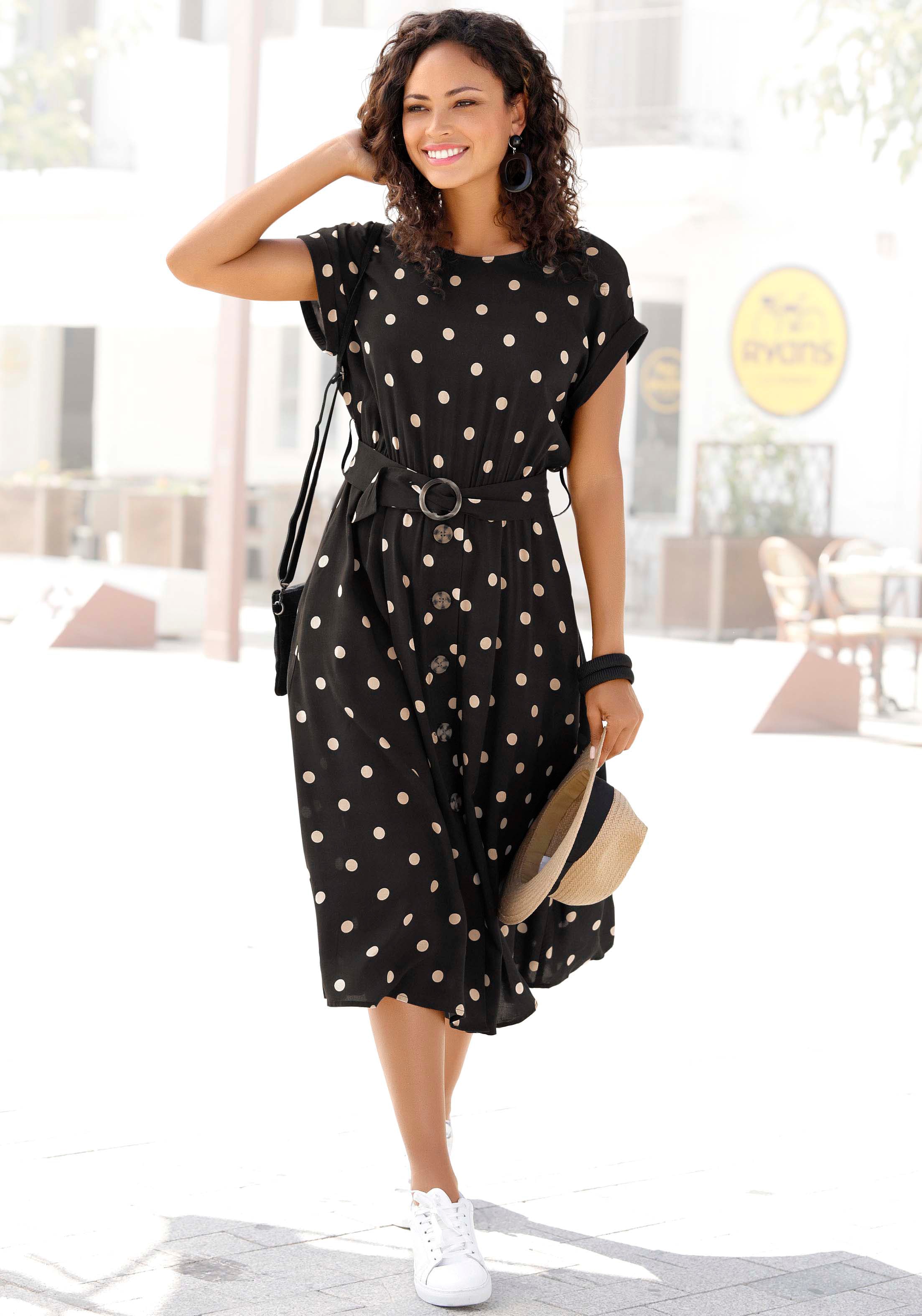LASCANA Midikleid (mit Gürtel) mit Punktedruck und Taschen, Sommerkleid günstig online kaufen