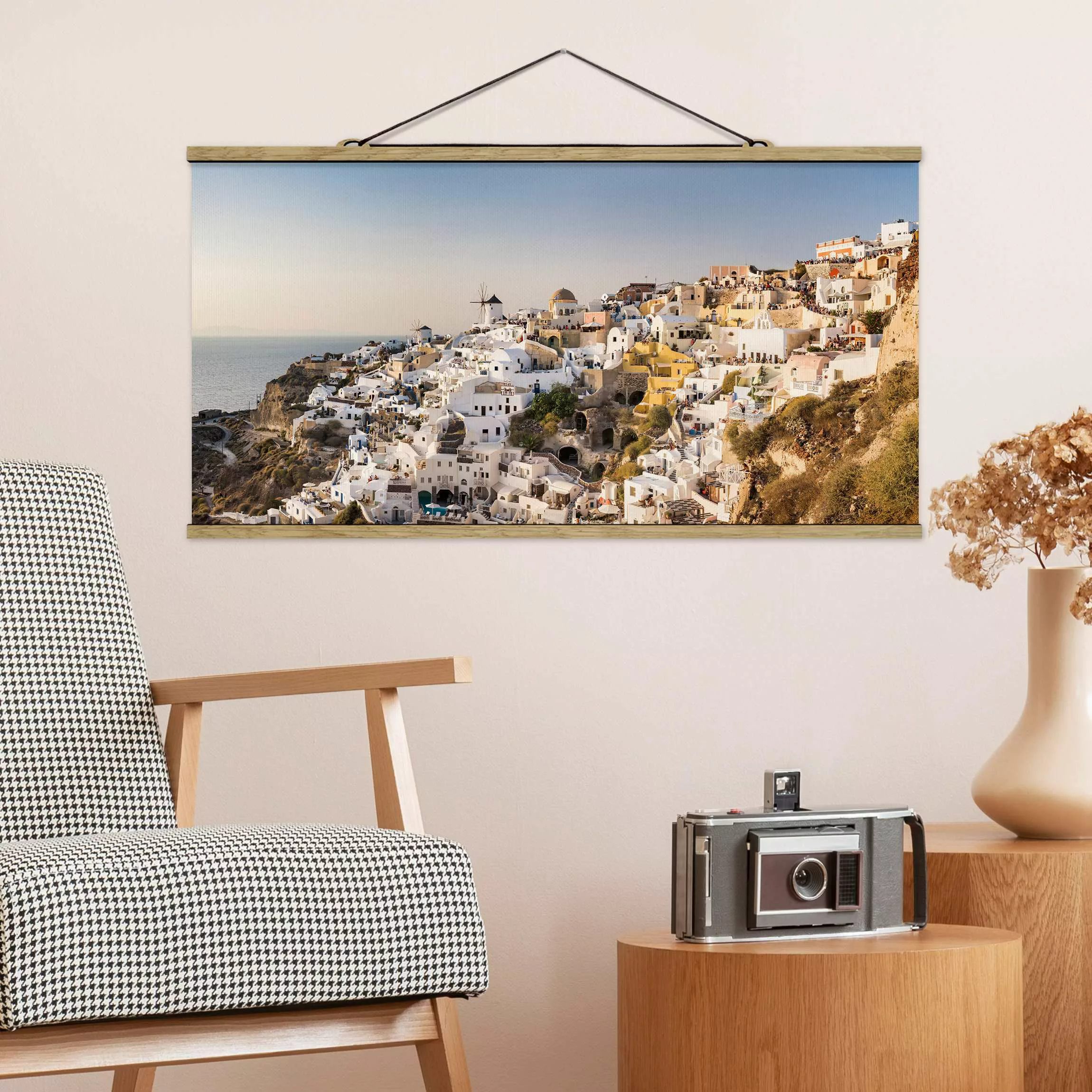 Stoffbild mit Posterleisten Oia Panorama günstig online kaufen