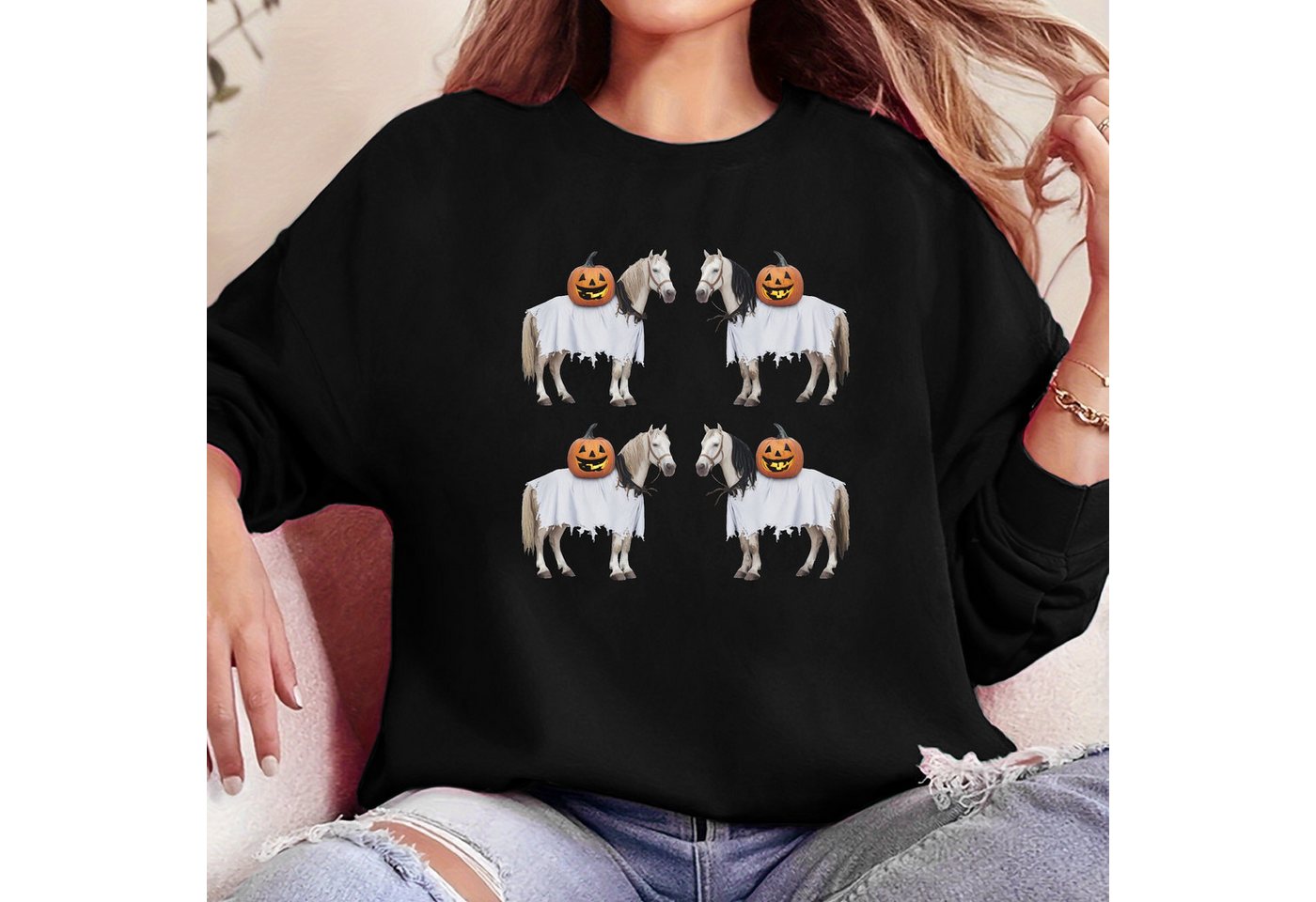 PYL Sweatshirt Damen Halloween Casual Sweatshirt mit Pferd Druck,Langarm Pu günstig online kaufen