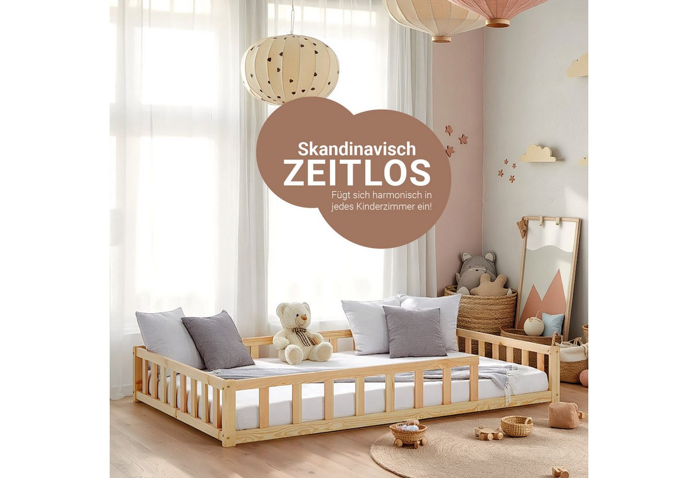 Homestyle4u Kinderbett 90x200 / 120x200 Weiß Natur Holzbett Bodenbett Monte günstig online kaufen