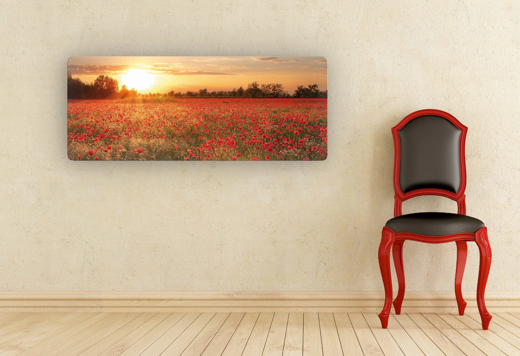 Wall-Art Glasbild "Mohnfeld im Sonnenuntergang Panorama", Gebäude, Glaspost günstig online kaufen