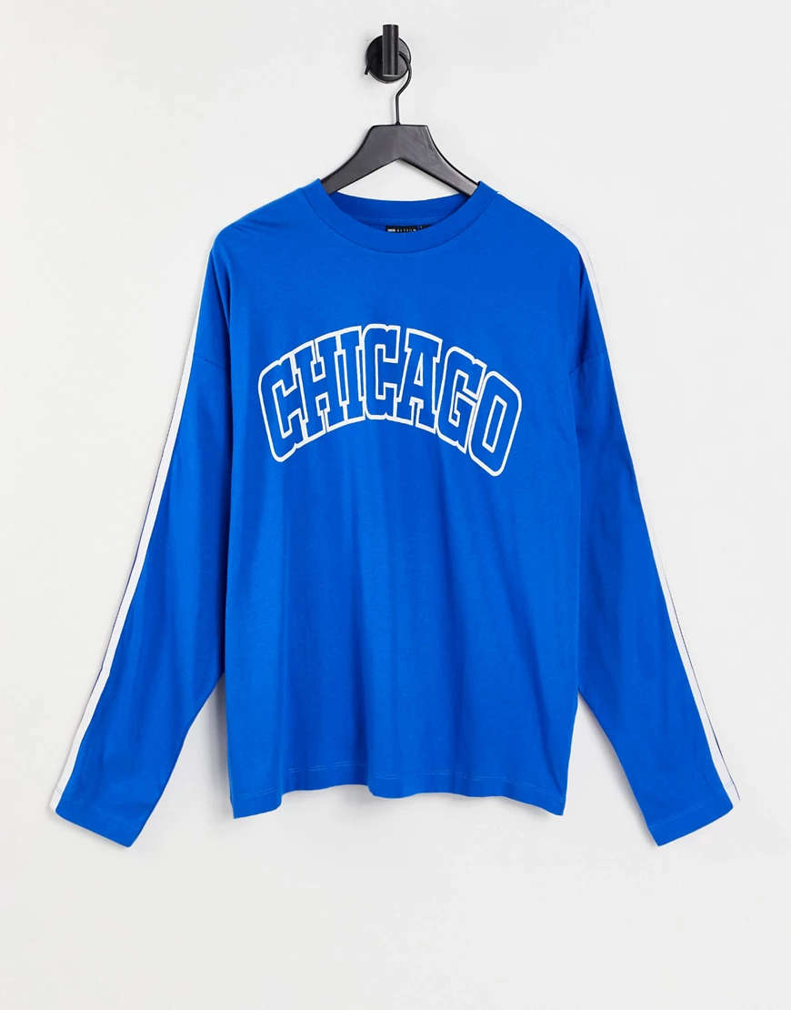 ASOS DESIGN – Langärmliges Oversize-Shirt mit Zierband und „Chicago“-Citypr günstig online kaufen