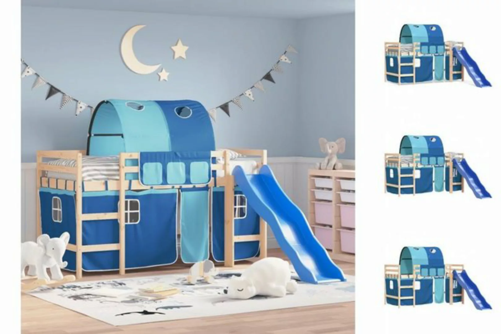 vidaXL Bettgestell Kinderhochbett mit Tunnel Blau 90x200 cm Massivholz Kief günstig online kaufen
