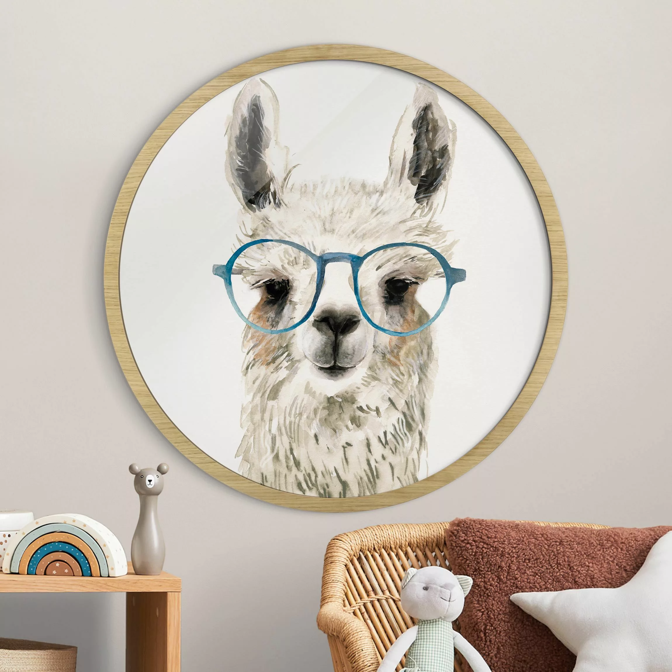 Rundes Gerahmtes Bild Hippes Lama mit Brille III günstig online kaufen