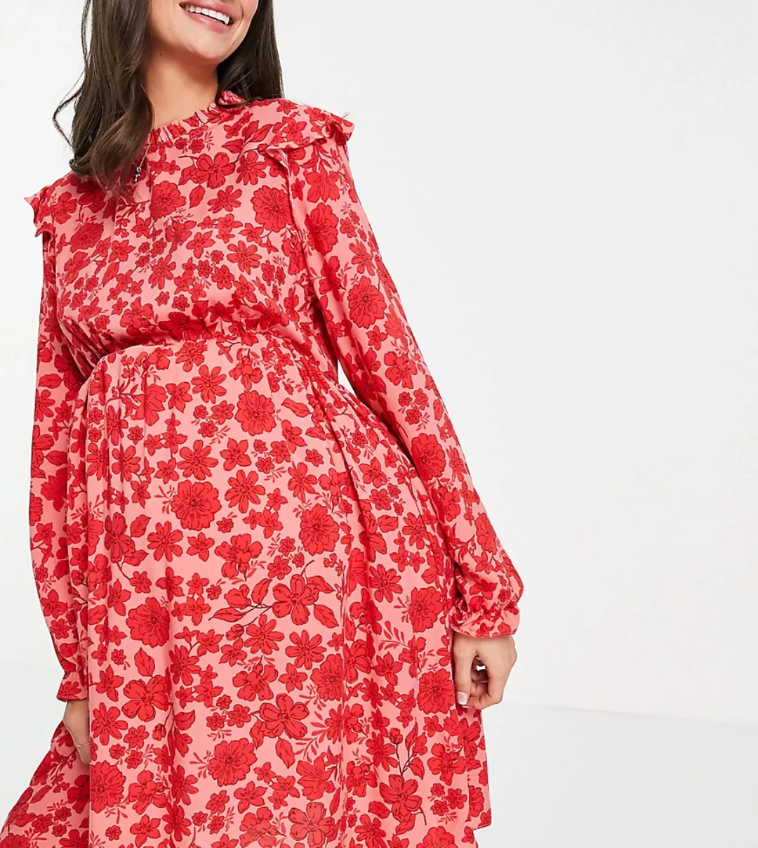 New Look Maternity – Geblümtes Minikleid mit Rüschen in Rot günstig online kaufen
