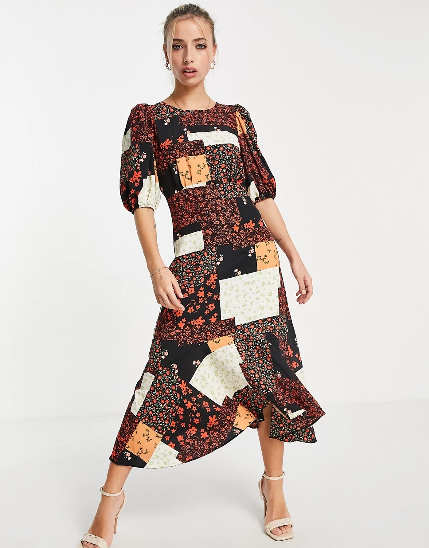 Miss Selfridge – Midikleid mit Puffärmeln und Patchwork-Print-Bunt günstig online kaufen