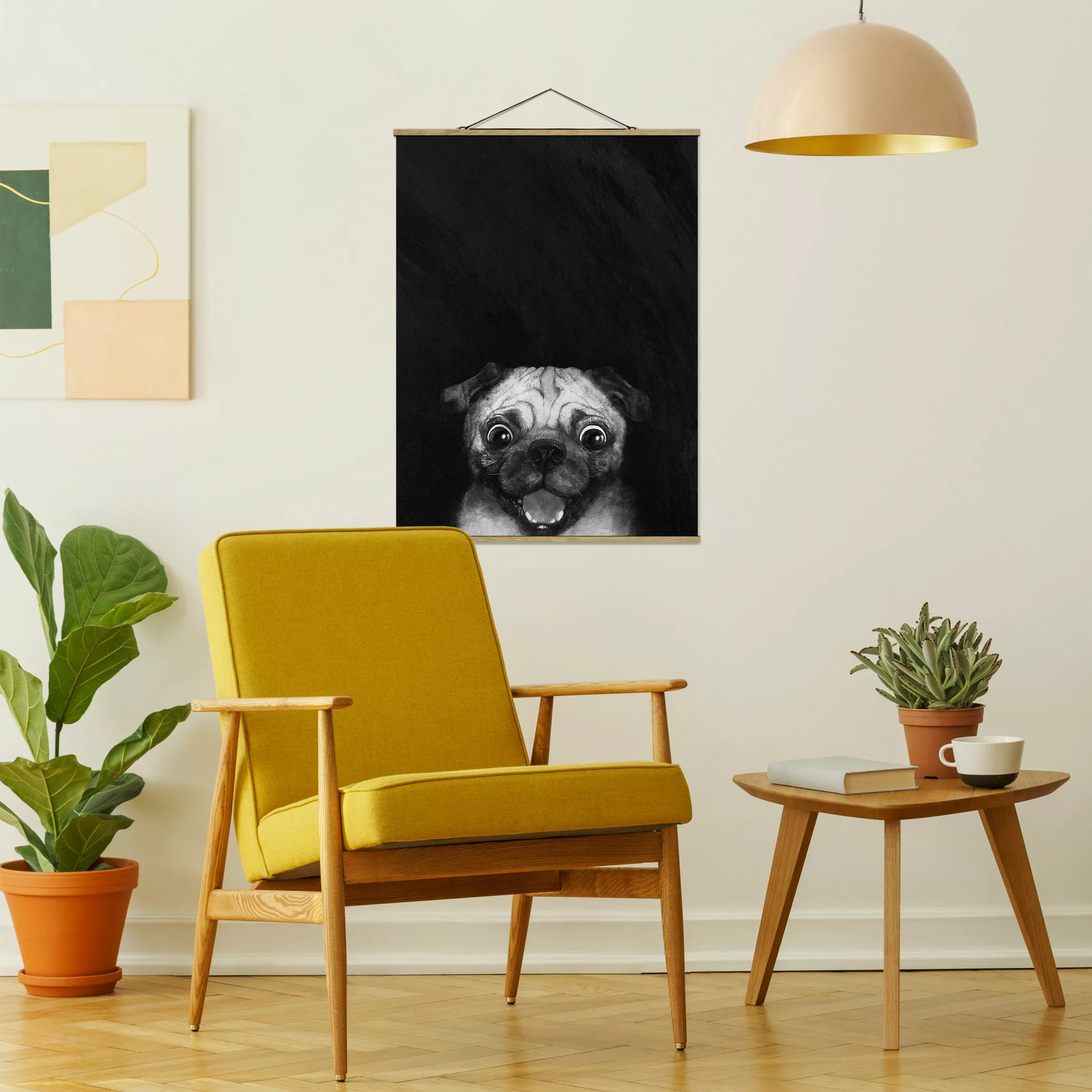Stoffbild Tiere mit Posterleisten - Hochformat Illustration Hund Mops Maler günstig online kaufen