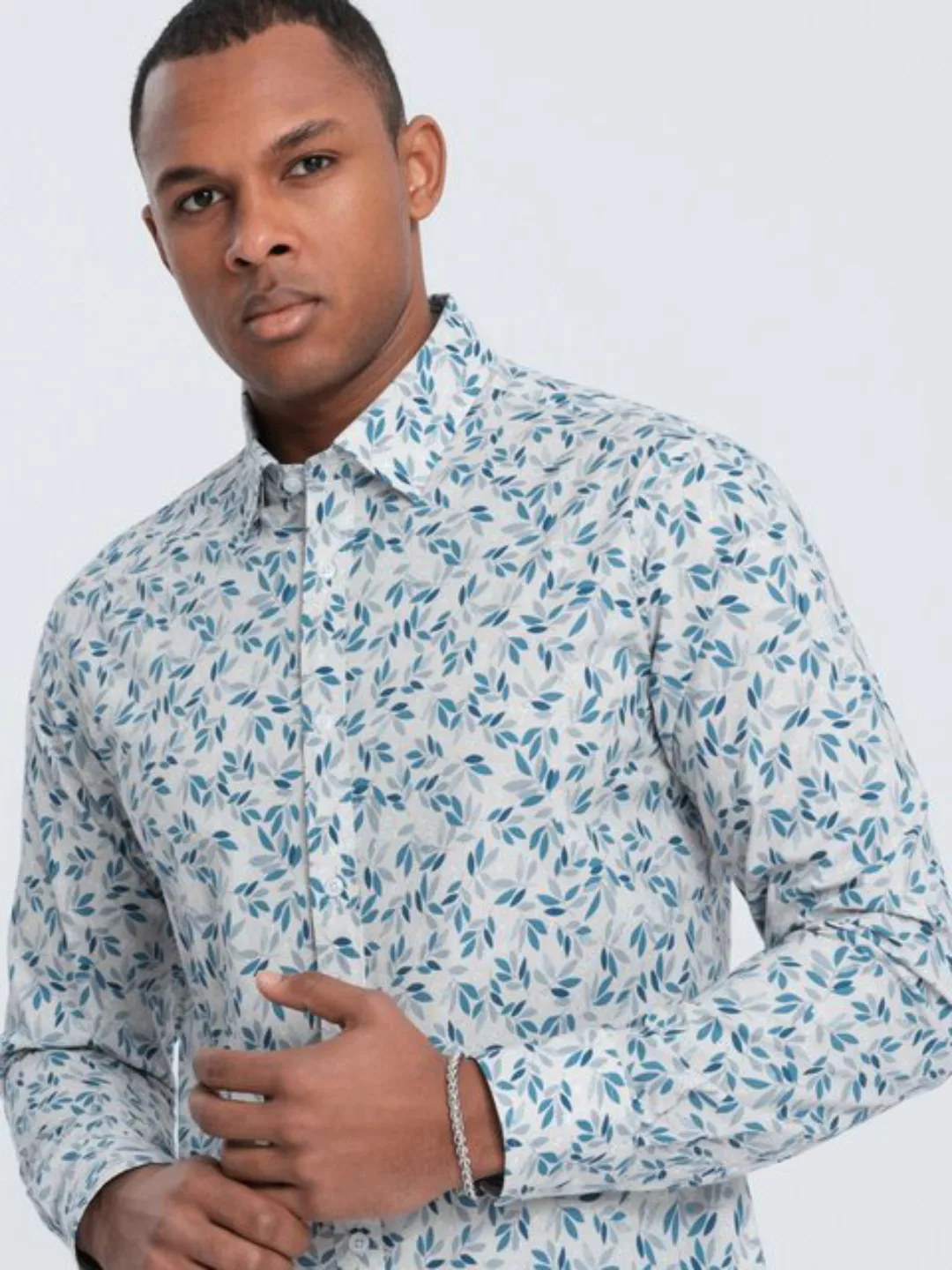 OMBRE Langarmhemd Herrenhemd SLIM FIT mit feinem Blattmuster günstig online kaufen