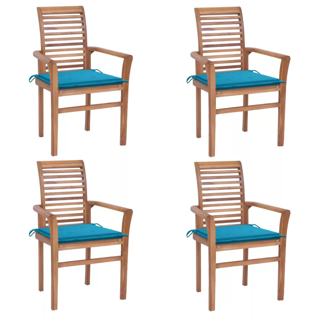 Essstühle 4 Stk. Mit Blauen Kissen Massivholz Teak günstig online kaufen