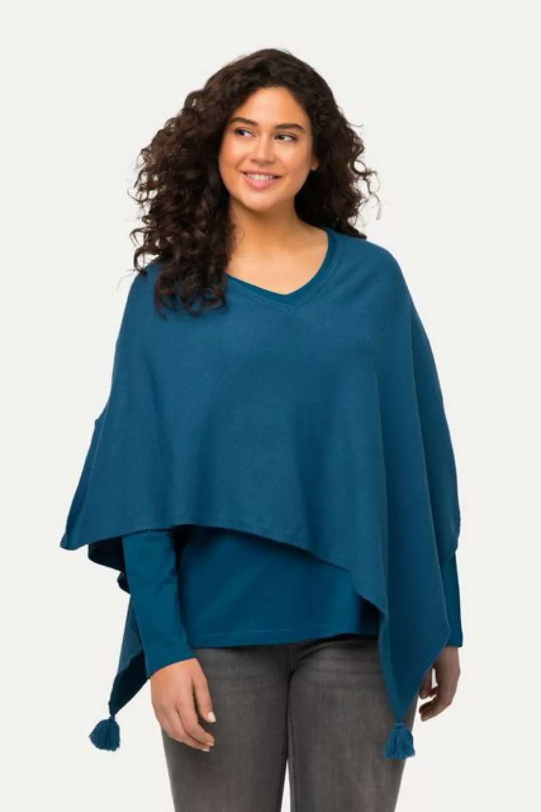 Ulla Popken Strickpullover Strick-Poncho Zipfelsaum Quaste V-Ausschnitt günstig online kaufen