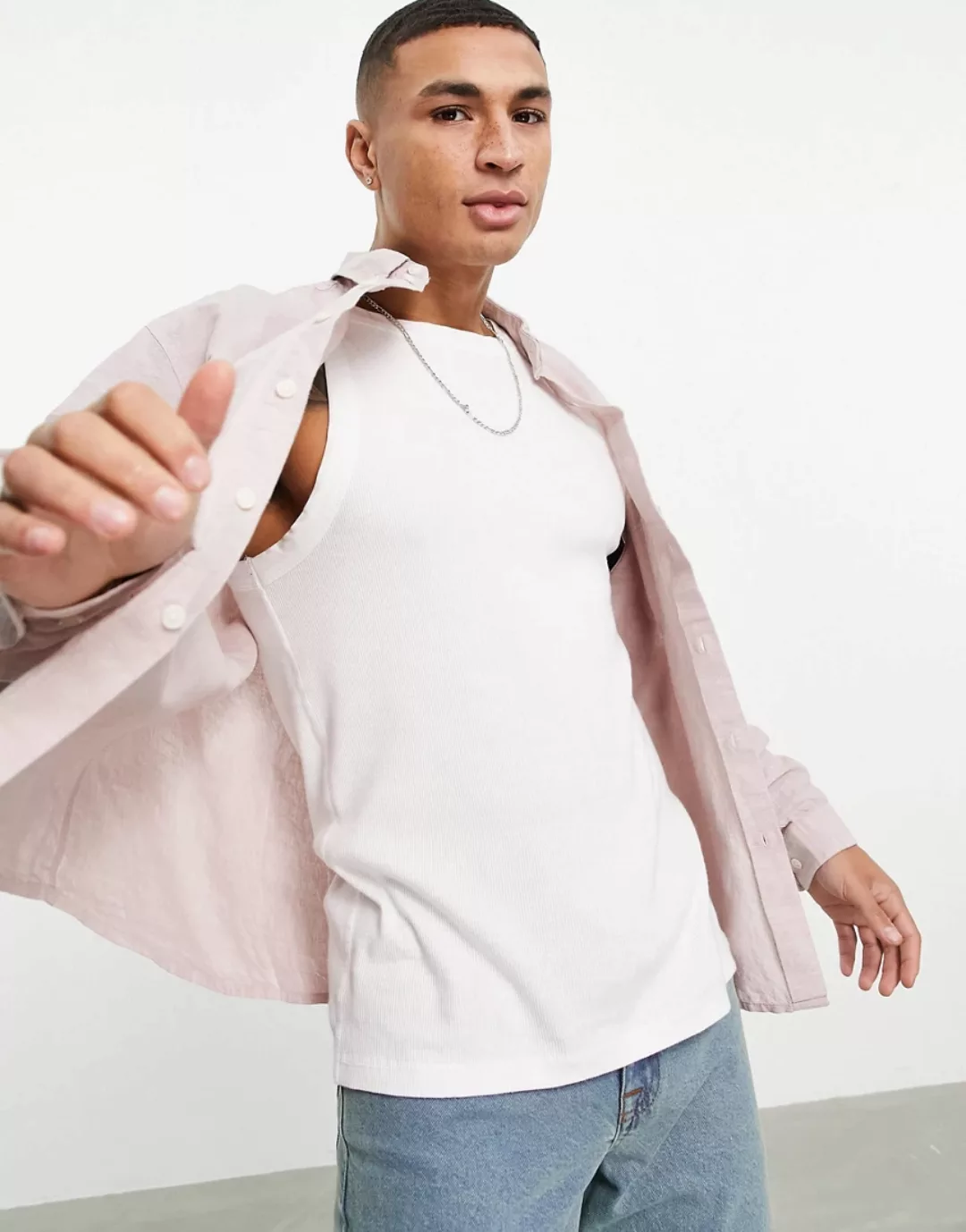 ASOS DESIGN – Legeres Leinenhemd in Rosa mit geknöpftem Kragen günstig online kaufen