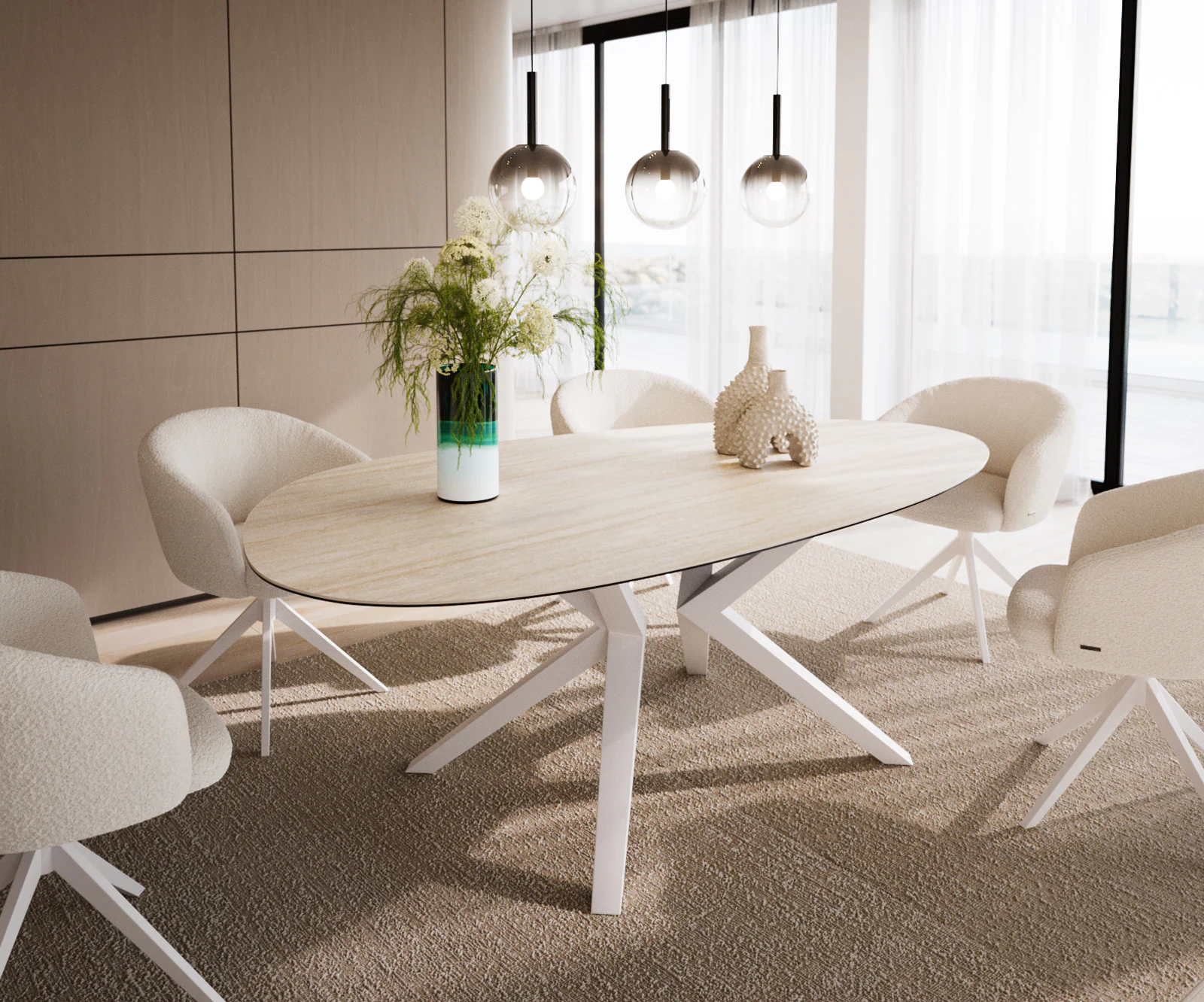 Esstisch Edge Oval 220x120 Keramik Laminam®Travertino Bianco Creme-Weiß? Ze günstig online kaufen