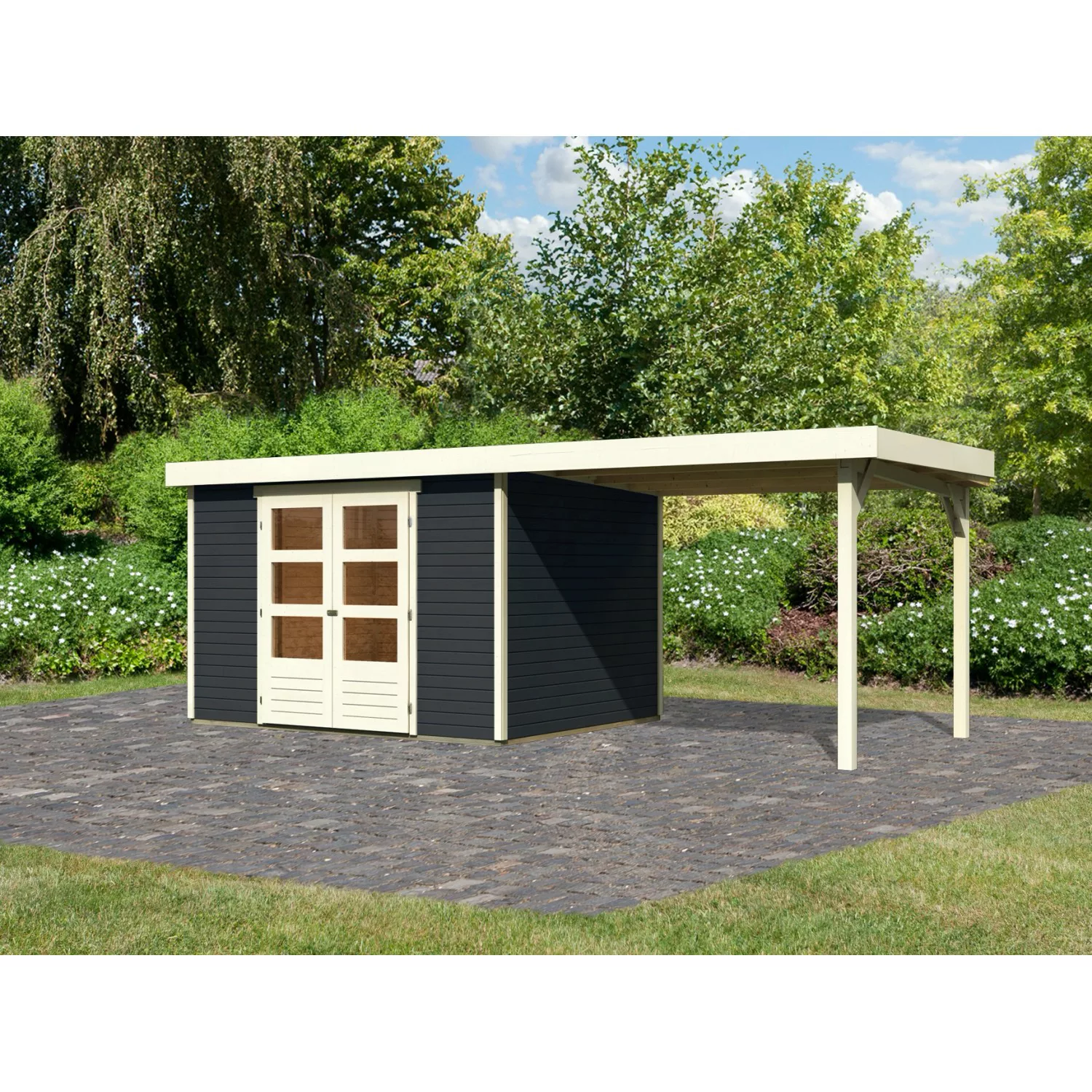 Karibu Gartenhaus Set Boras 5 Anthrazit mit Anbaudach 280 cm Breit 7,21 m² günstig online kaufen