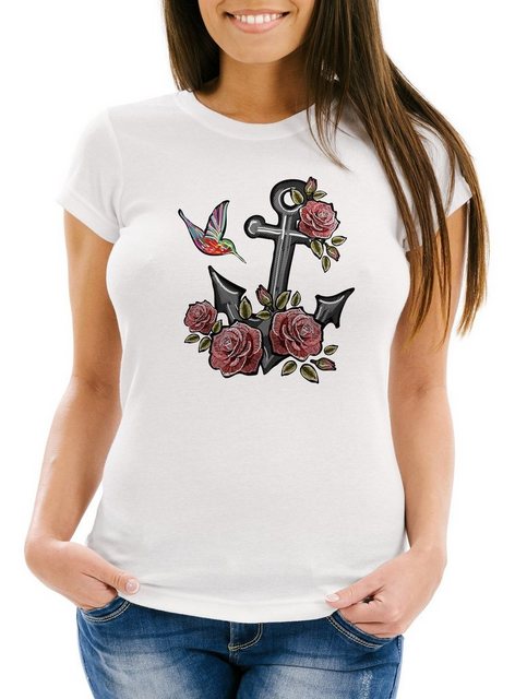 Neverless Print-Shirt Damen T-Shirt Anker Rosen Patch Tropical Anchor Stick günstig online kaufen