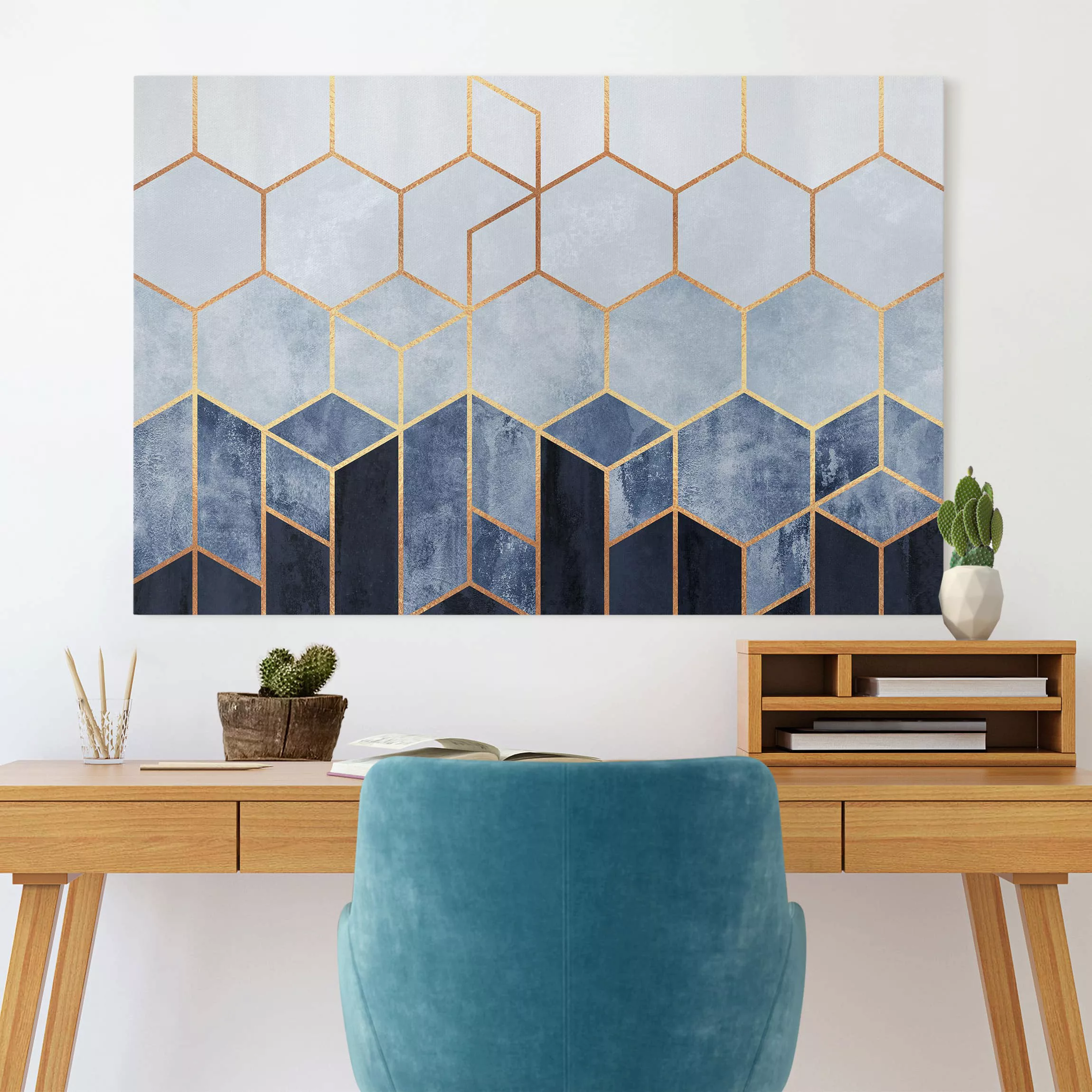 Leinwandbild Abstrakt - Querformat Goldene Sechsecke Blau Weiß günstig online kaufen