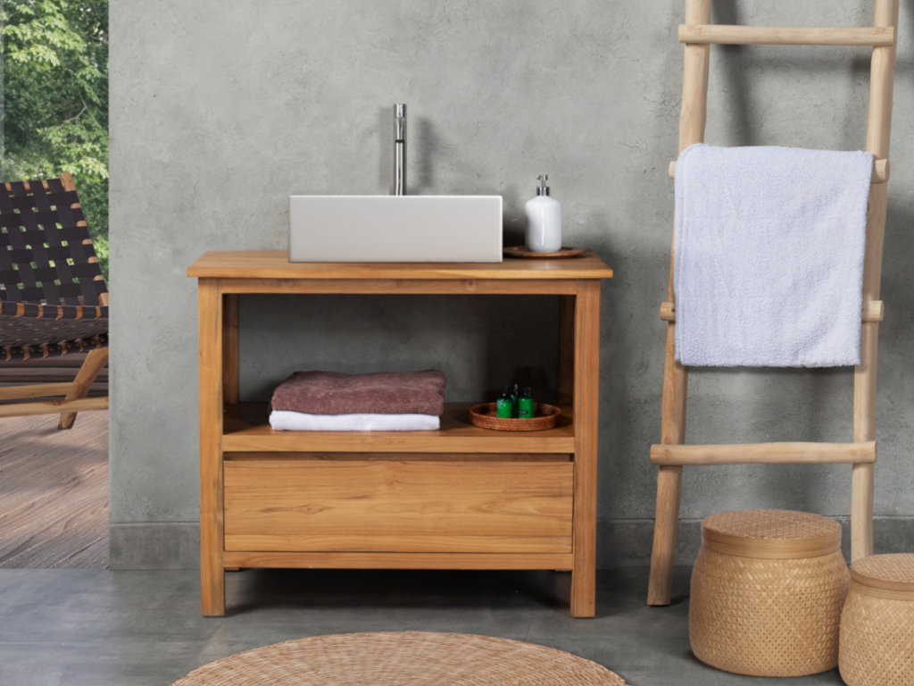 Badmöbel mit Einzelwaschbecken - Teakholz - 90 cm - KETAPANG günstig online kaufen