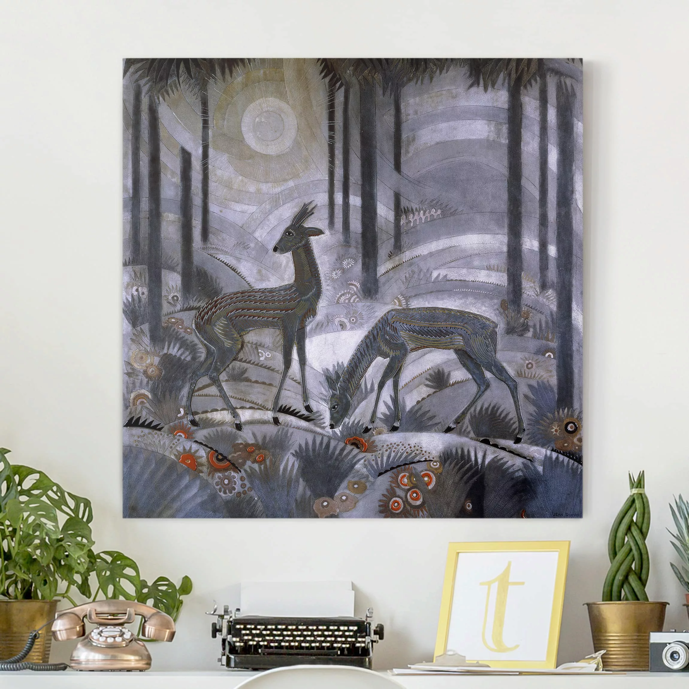 Leinwandbild Kunstdruck - Quadrat Jean Dunand - Zwei Rehe im Wald günstig online kaufen