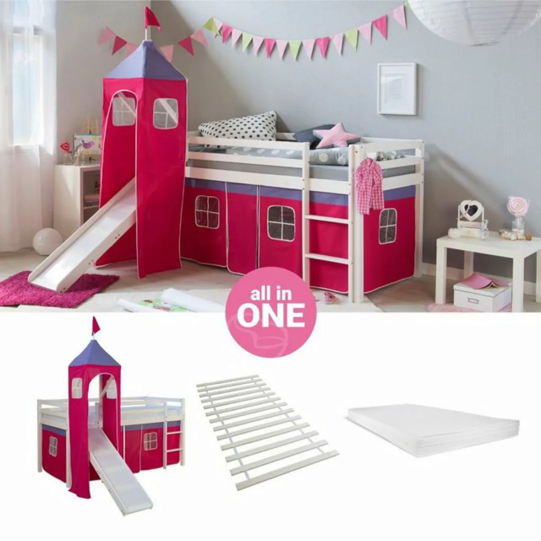 Homestyle4u Hochbett 90x200 cm Kinderbett Weiß Kiefer Spielbett mit Vorhang günstig online kaufen