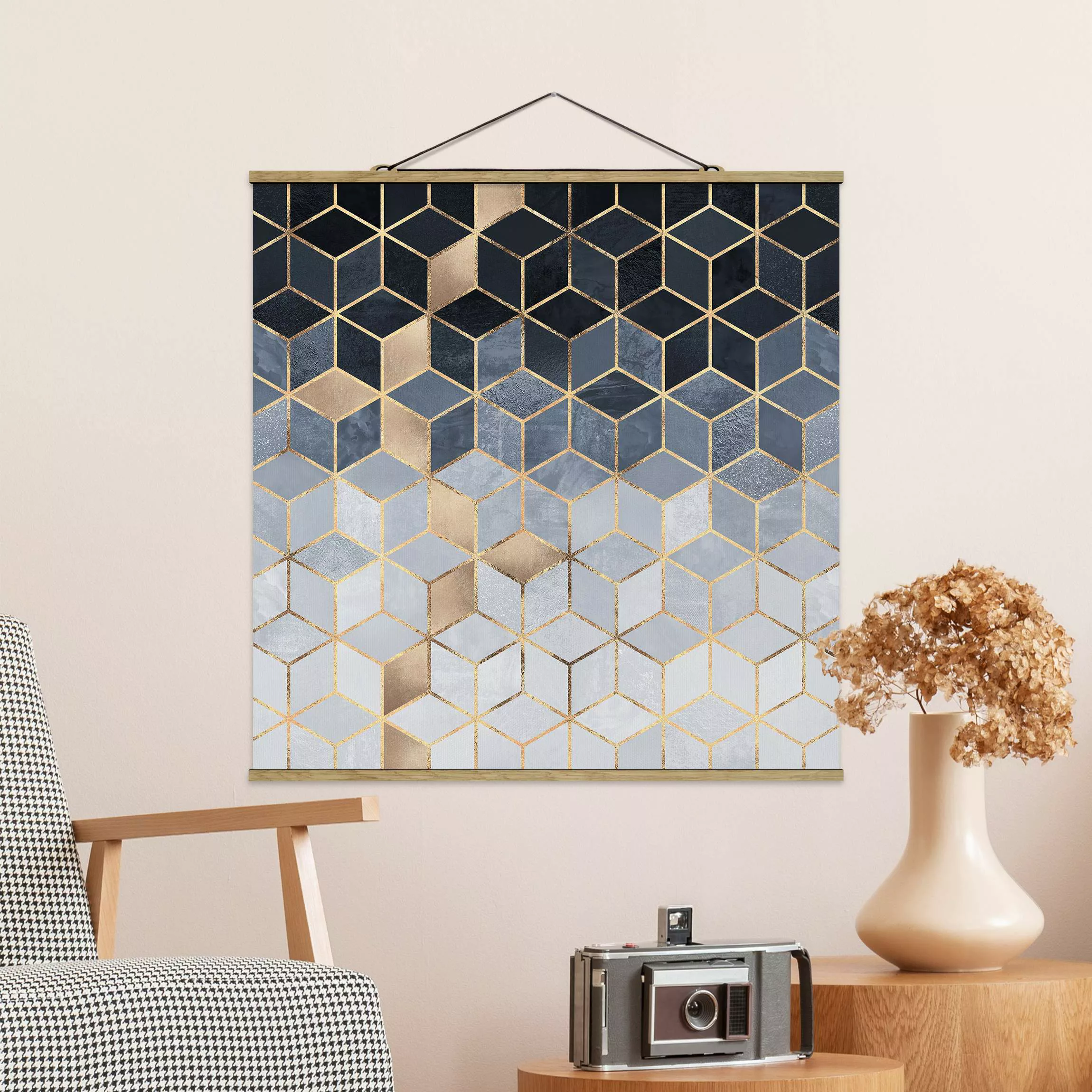 Stoffbild Abstrakt mit Posterleisten - Quadrat Blau Weiß goldene Geometrie günstig online kaufen