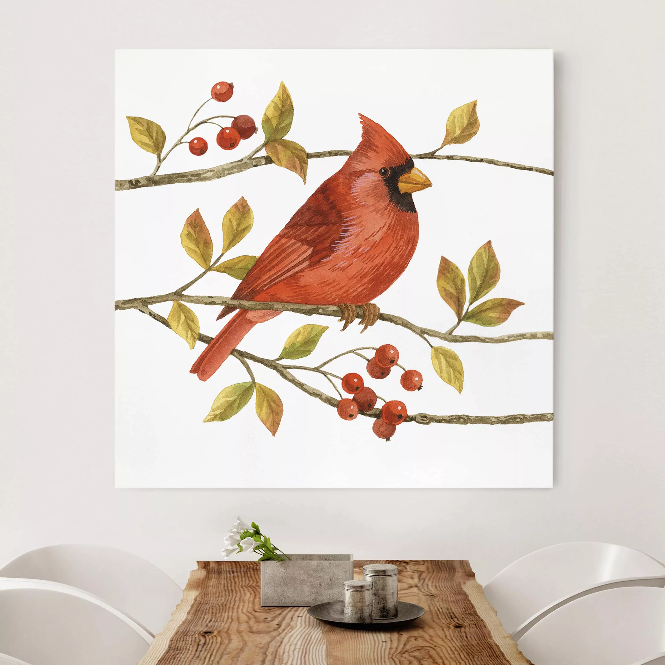 Leinwandbild Tiere - Quadrat Vögel und Beeren - Rotkardinal günstig online kaufen