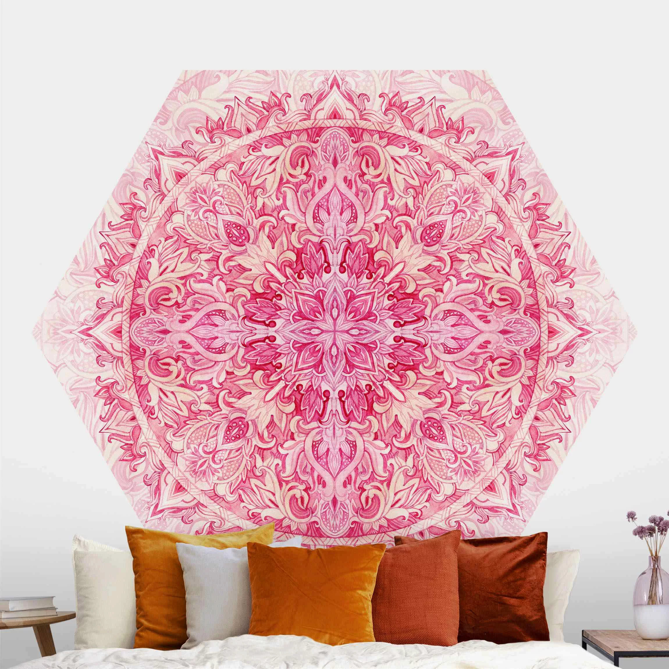 Hexagon Mustertapete selbstklebend Mandala Aquarell Ornament Muster pink günstig online kaufen