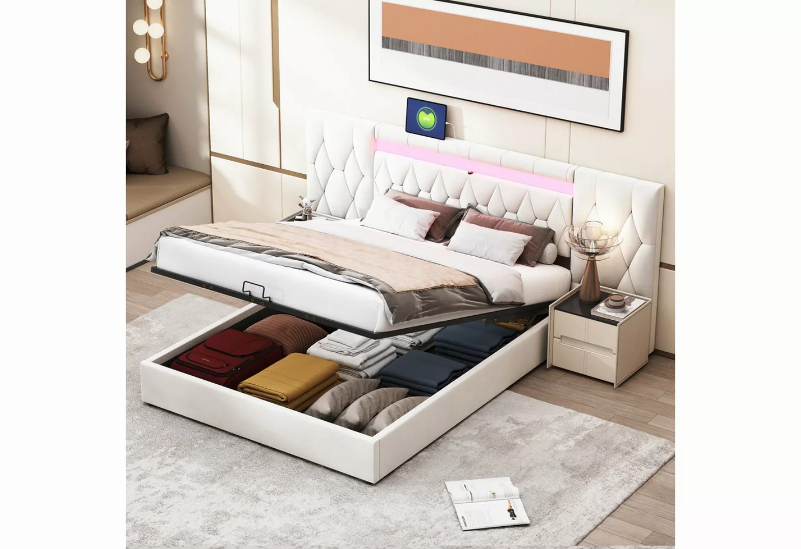 REDOM Polsterbett Stauraumbett Doppelbett mit großer Rückenlehne (mit LED u günstig online kaufen