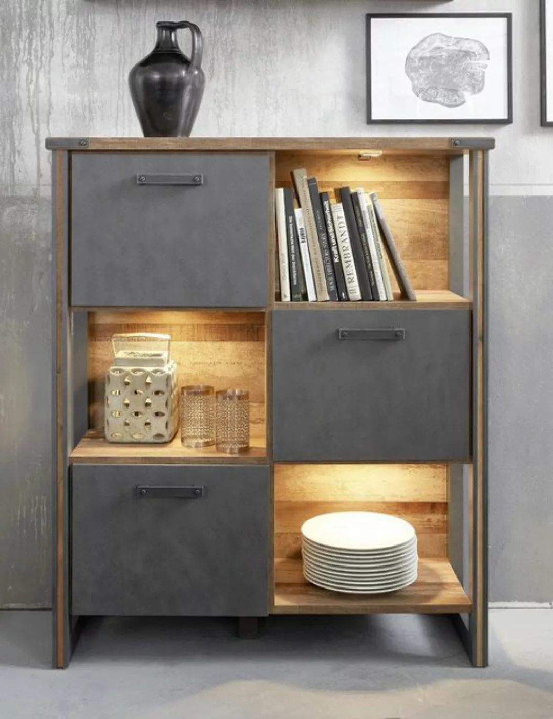 trendteam Vitrine Highboard Regal Prime, Old Used Wood / Matera grau, LED-B günstig online kaufen