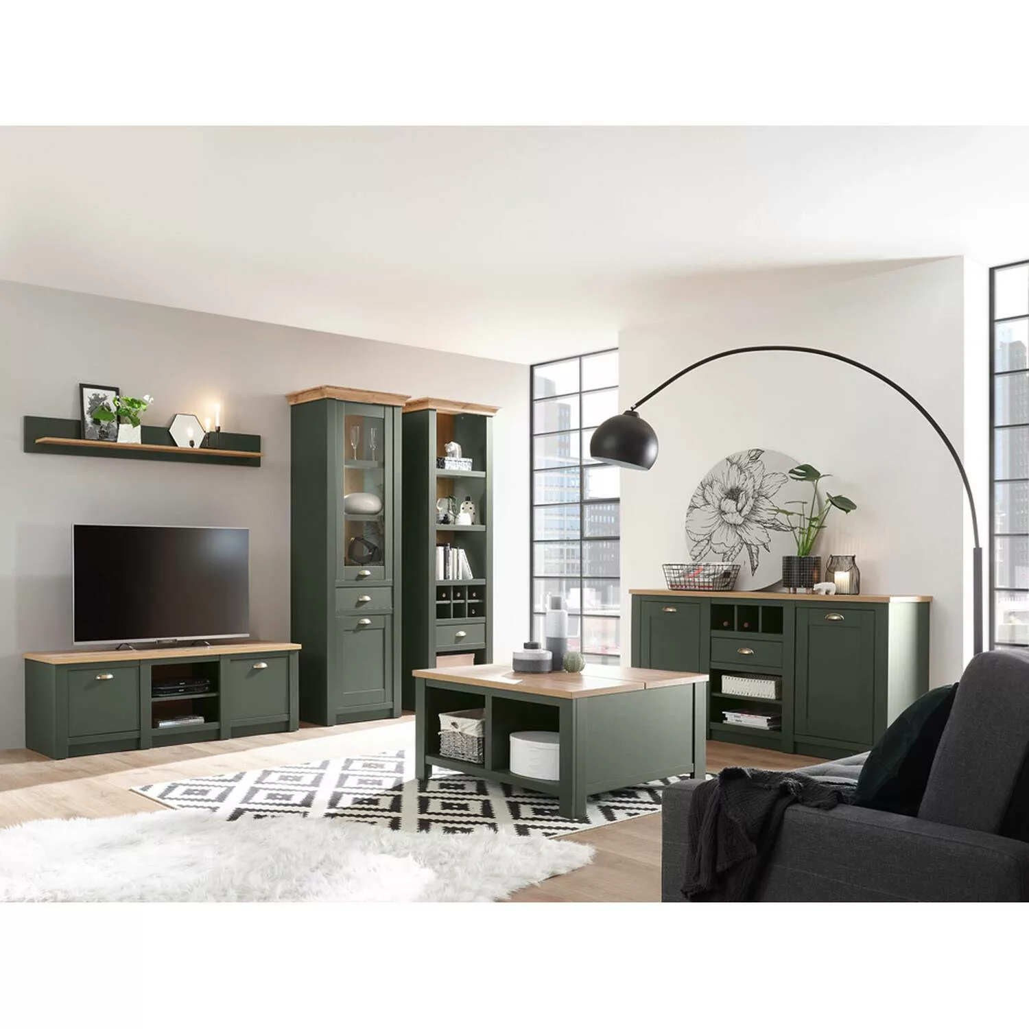 Landhaus Wohnwand Set mit Anrichte & Couchtisch CINCINNATI-61 in grün mit W günstig online kaufen