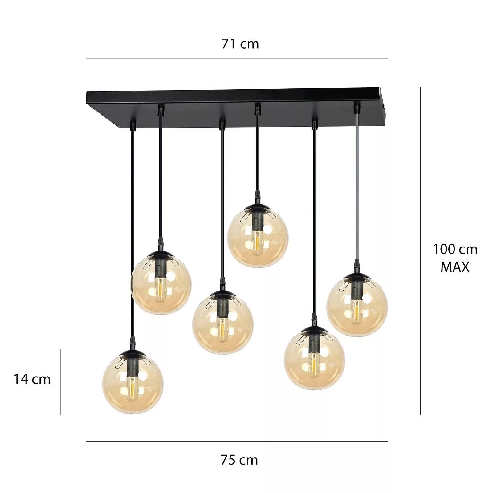 Hängeleuchte Glassy, 6-flammig, schwarz, amber, Glas, 75 cm günstig online kaufen