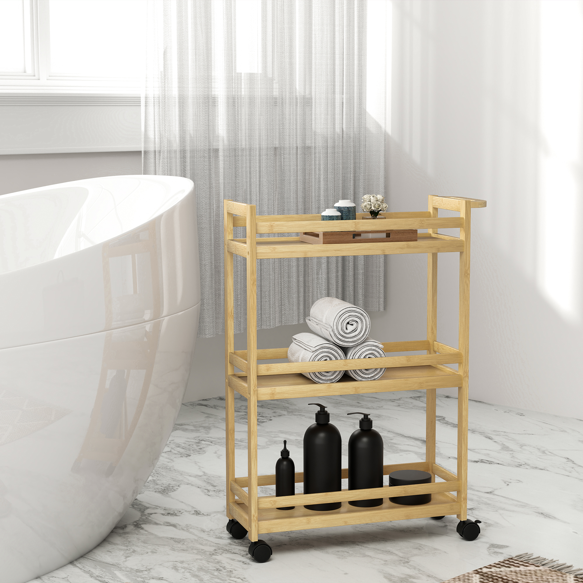HOMCOM Badregal, Badezimmerregal mit 3 Ebenen, Rolle, Standregal aus Bambus günstig online kaufen