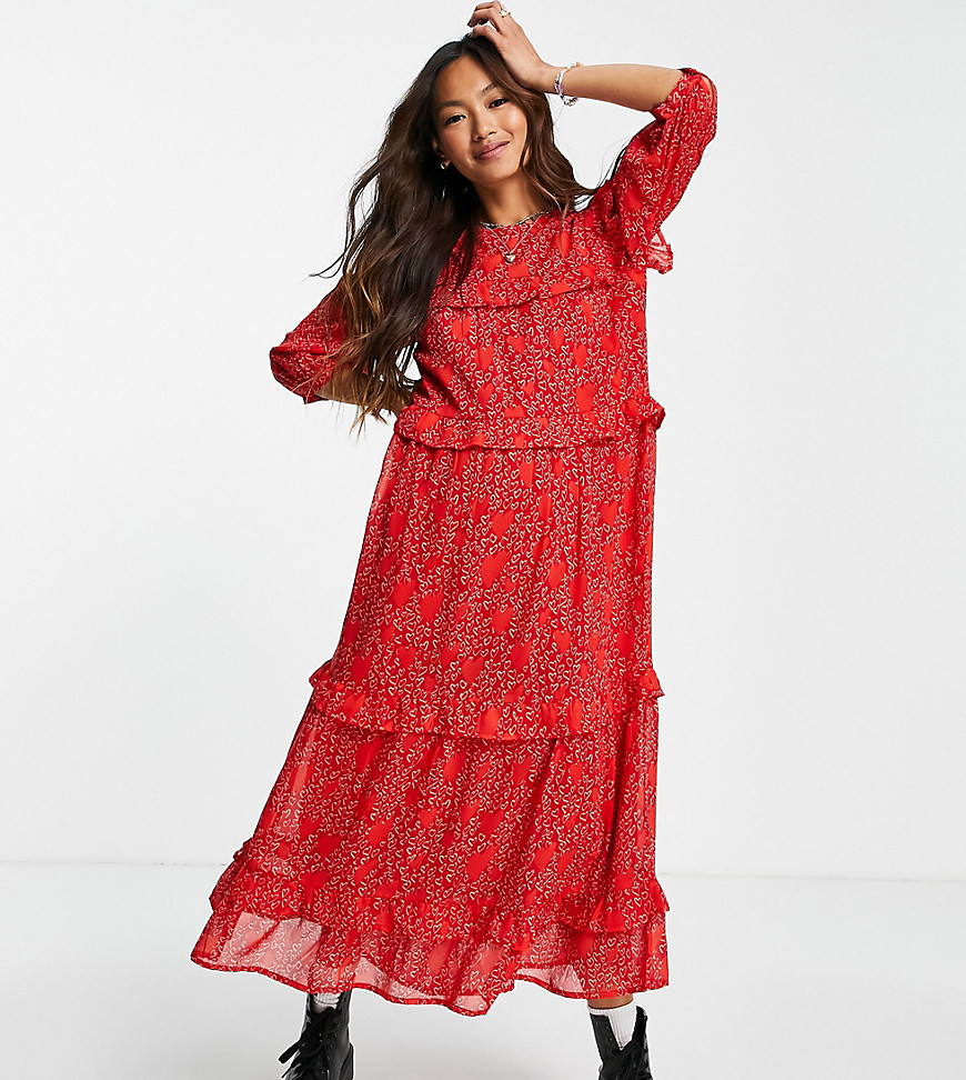 Wednesday's Girl – Midi-Hängerkleid mit Rüschendetail und Herzmuster in Rot günstig online kaufen