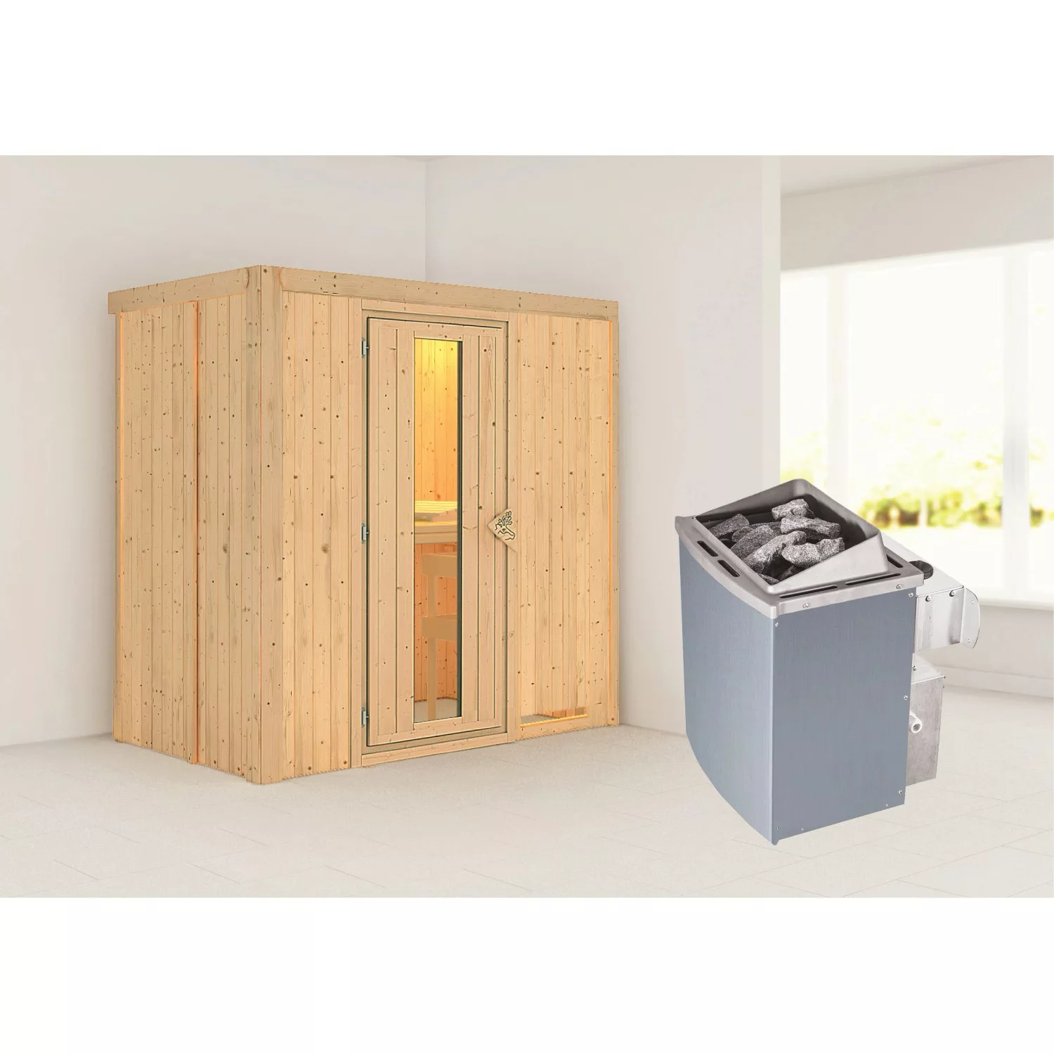 Karibu Sauna Vera + Ofen eing. Strg., Holz-Glastür günstig online kaufen