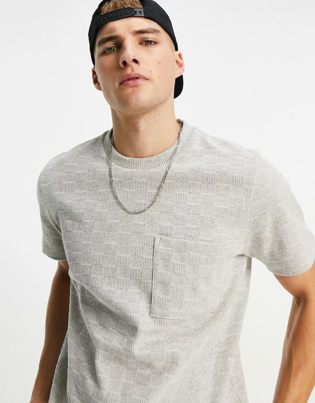 Topman – Oversize-T-Shirt in Creme mit Karomuster in Gitteroptik-Weiß günstig online kaufen