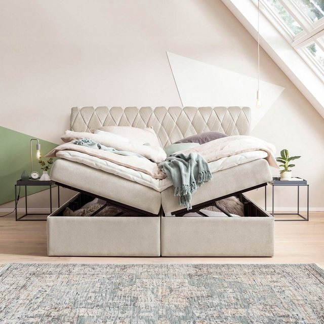 BettCo Stauraumbett Boxspringbett mit Bettkasten Lyon (in Creme Samt, 180 x günstig online kaufen