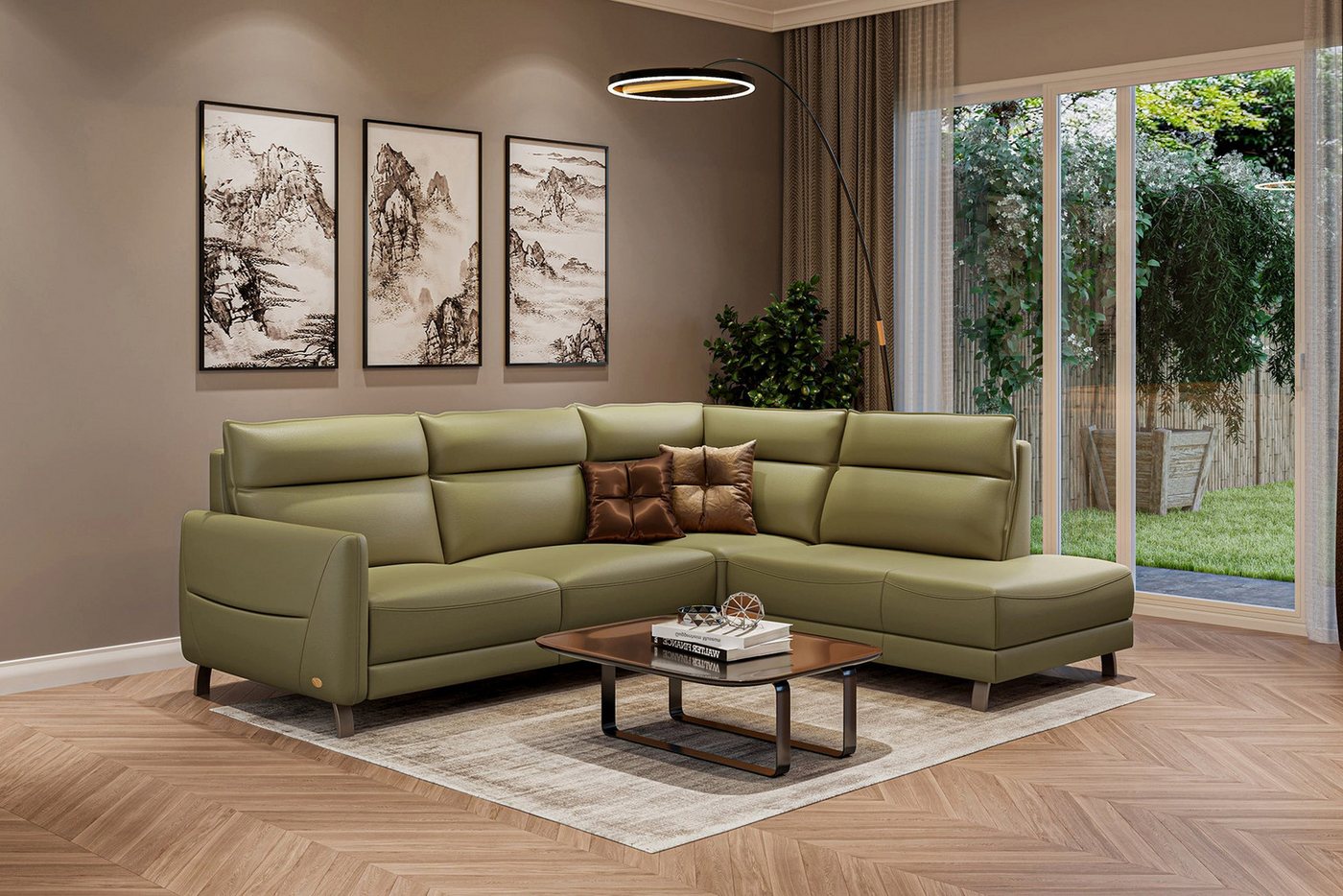 moebeloutlet.de Ecksofa Ecksofa Leder Rom Olive / Rechts, Elektrische Relax günstig online kaufen