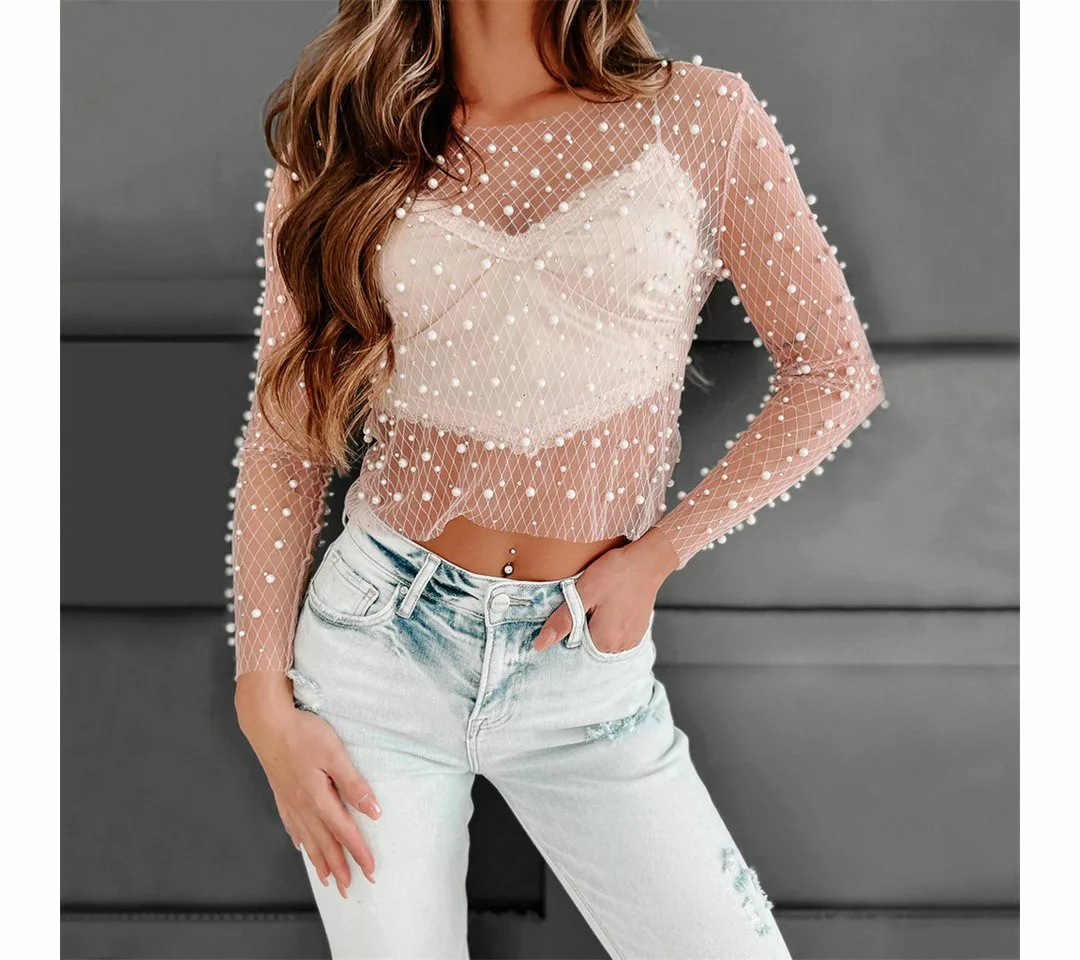 AFAZ New Trading UG Spitzentop Sexy Damen-Bluse mit Perlen-Mesh-Spitze günstig online kaufen