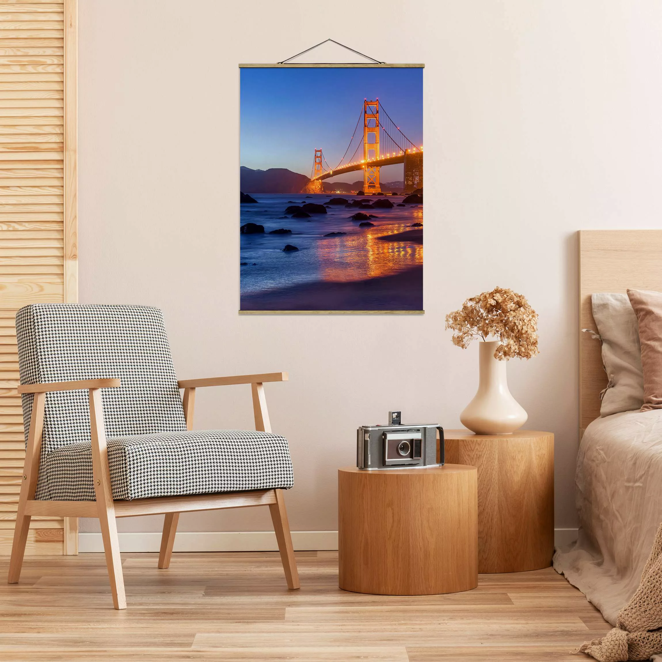 Stoffbild mit Posterleisten Golden Gate Bridge am Abend günstig online kaufen