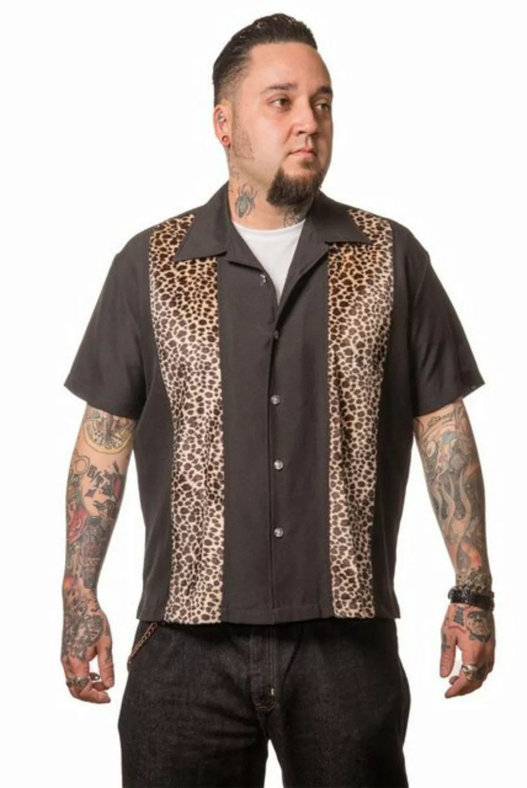 Steady Clothing Kurzarmhemd Leopard Muster Schwarz Retro Vintage Bowling Sh günstig online kaufen