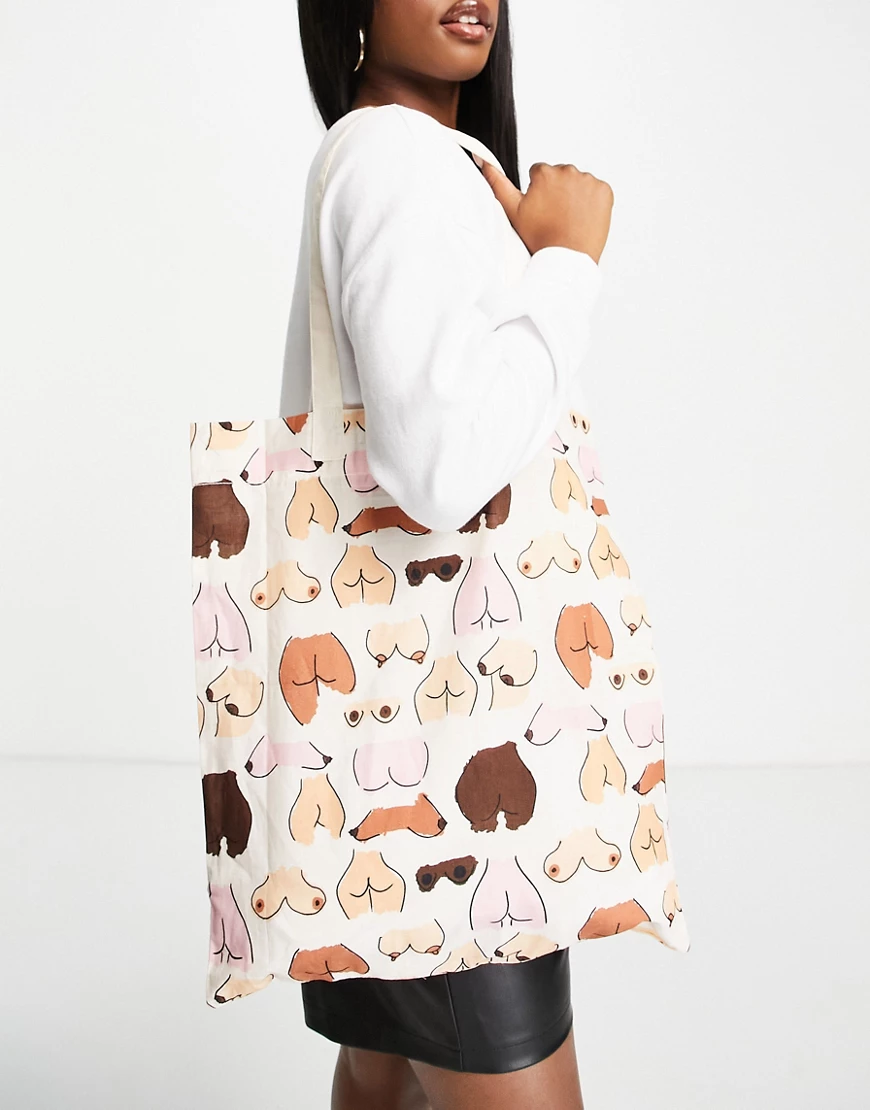 ASOS DESIGN – Shopper-Tasche aus Bio-Baumwolle mit Po- und Brust-Print-Mehr günstig online kaufen