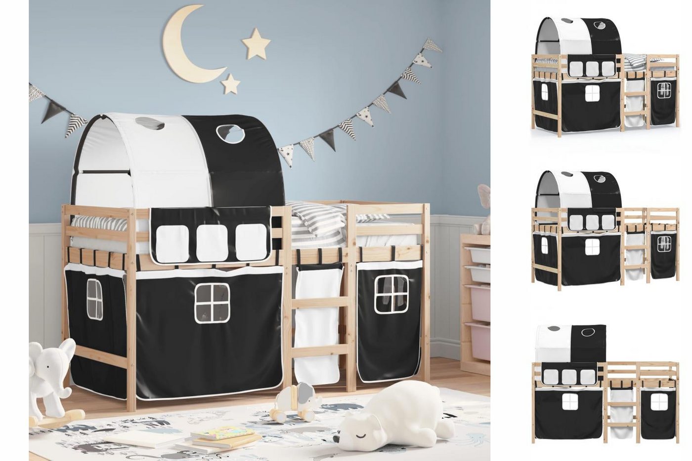 vidaXL Kinderbett Kinderhochbett mit Tunnel Weiß Schwarz 90x200 cm Kiefernh günstig online kaufen