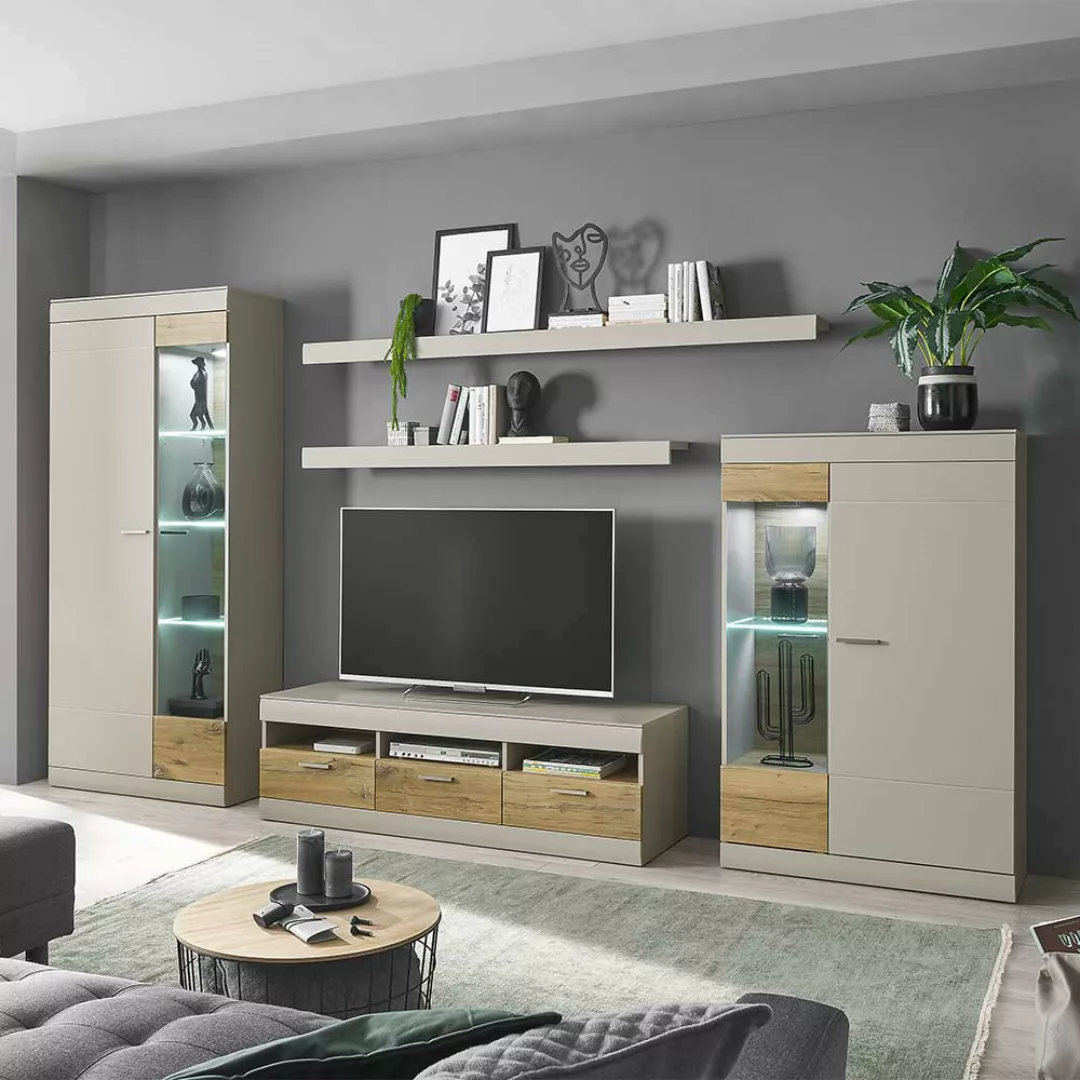 Wohnzimmerschrankwand modern in Hellgrau Zinneichefarben (fünfteilig) günstig online kaufen