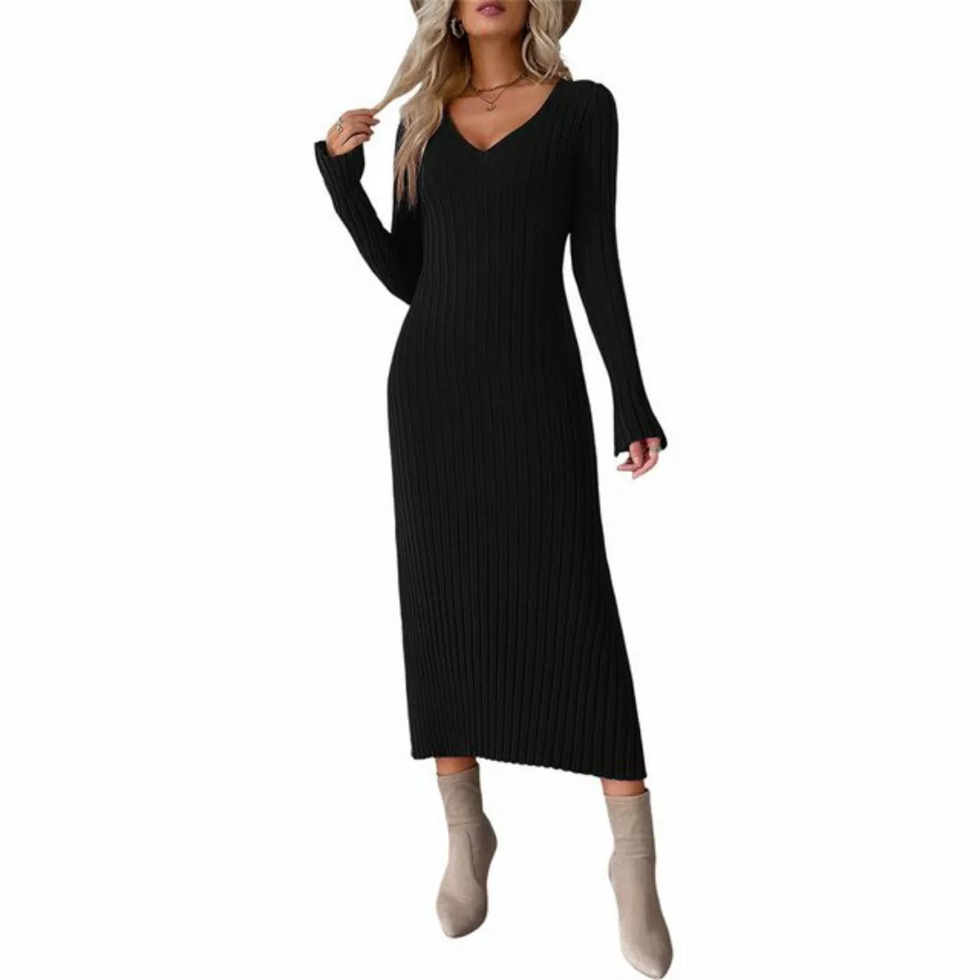 RUZU UG Shaping-Kleid Damen kleid mit V-Ausschnitt für Herbst Winter Jersey günstig online kaufen