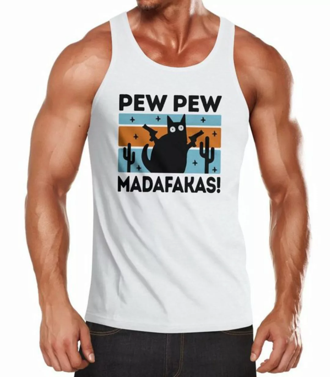 MoonWorks Tanktop Herren Tanktop Pew Pew Madafakas Katze Cat crazy verrückt günstig online kaufen