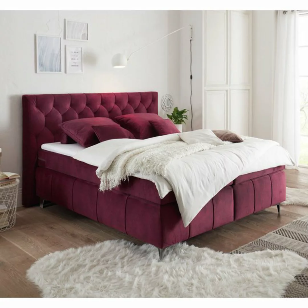 Lomadox Boxspringbett PETARE-09, Bett 180x200 cm dunkel rot Bordeaux Härteg günstig online kaufen