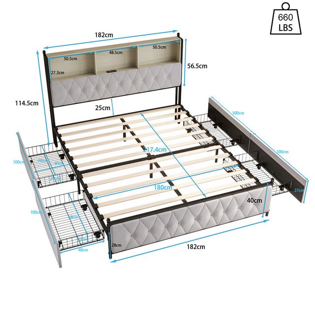 FUROKOY Stauraumbett Polsterbett Doppelbett mit LED-Beleuchtung und 4 Schub günstig online kaufen